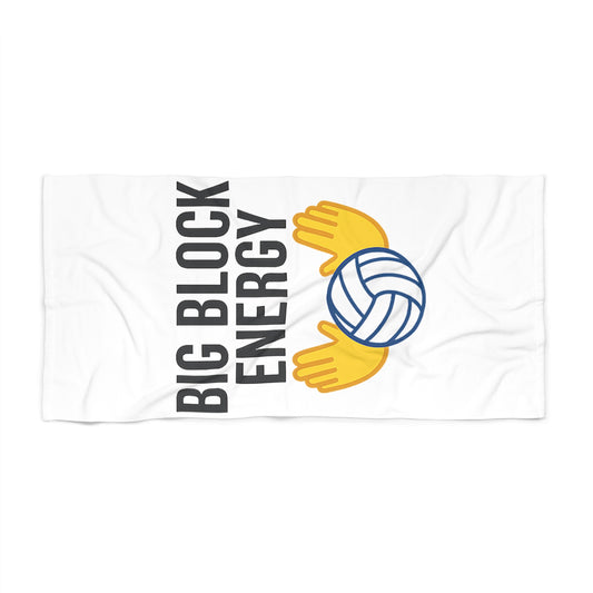 Big Block Energy towel with volleyball and blocking hands graphic