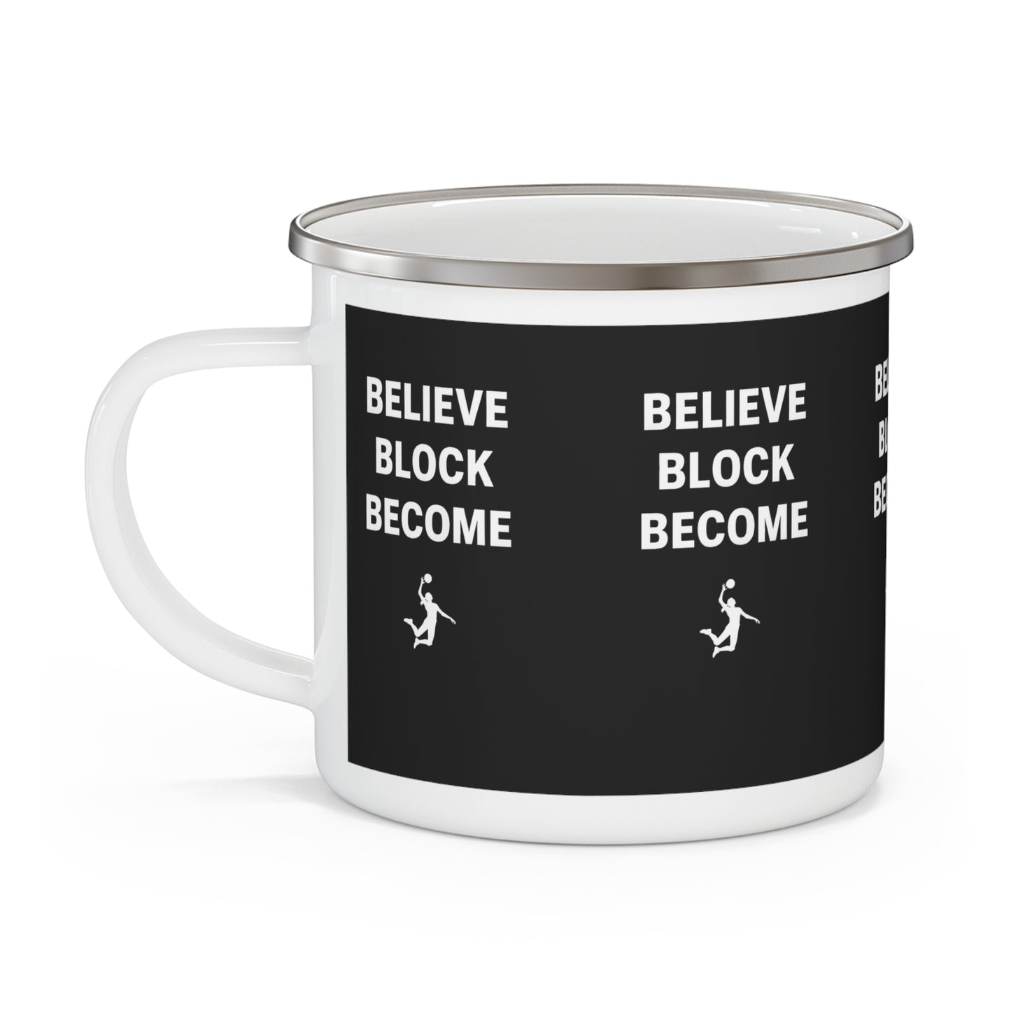 Motivational volleyball text design on enamel camping mug