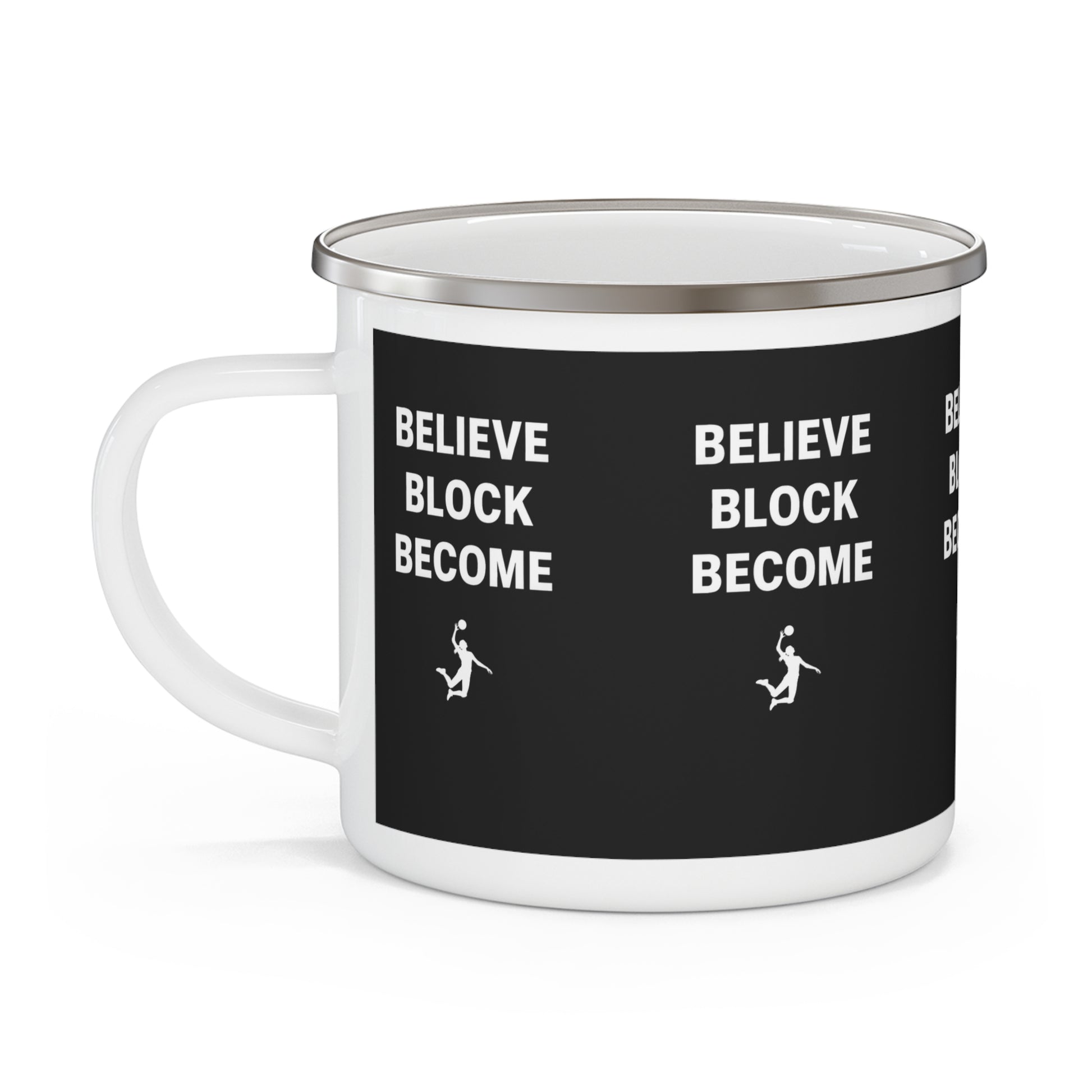 Motivational volleyball text design on enamel camping mug