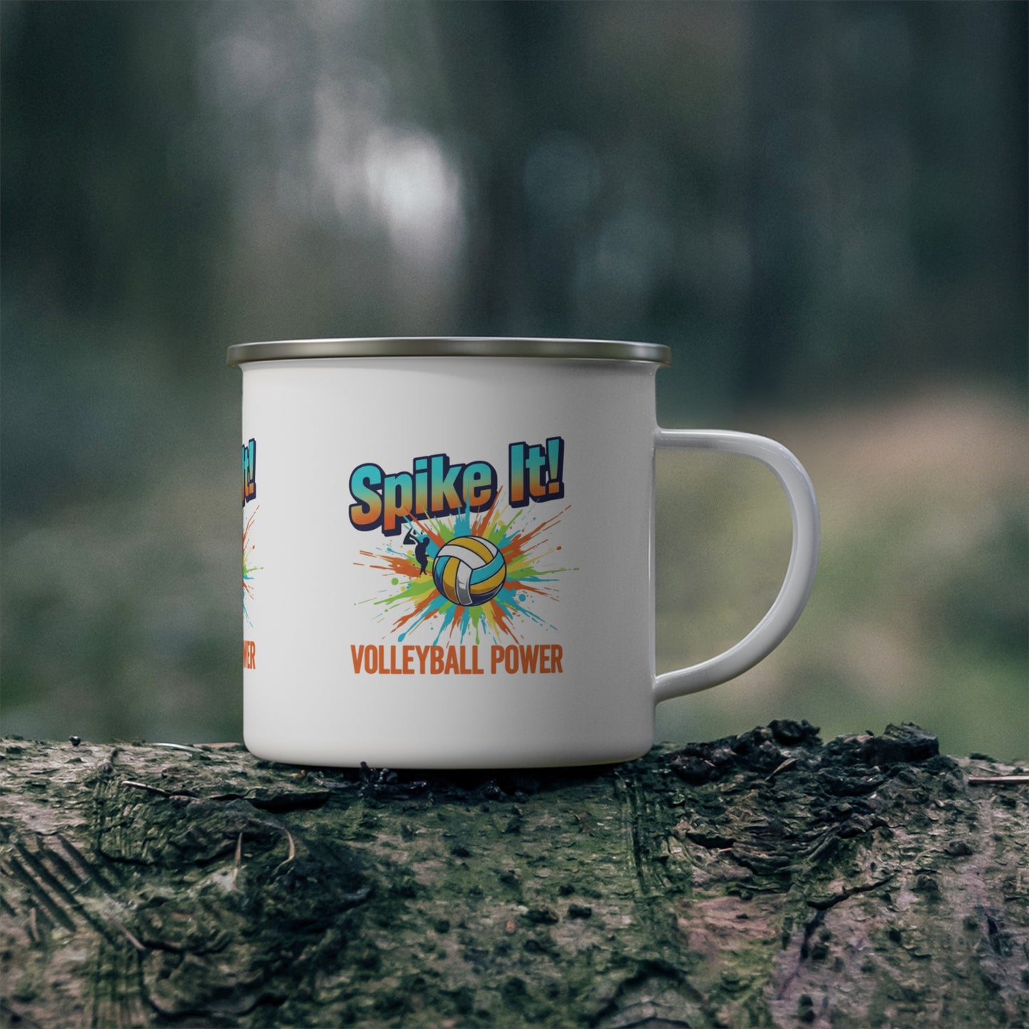 Spike It Volleyball Power design printed on enamel camping mug