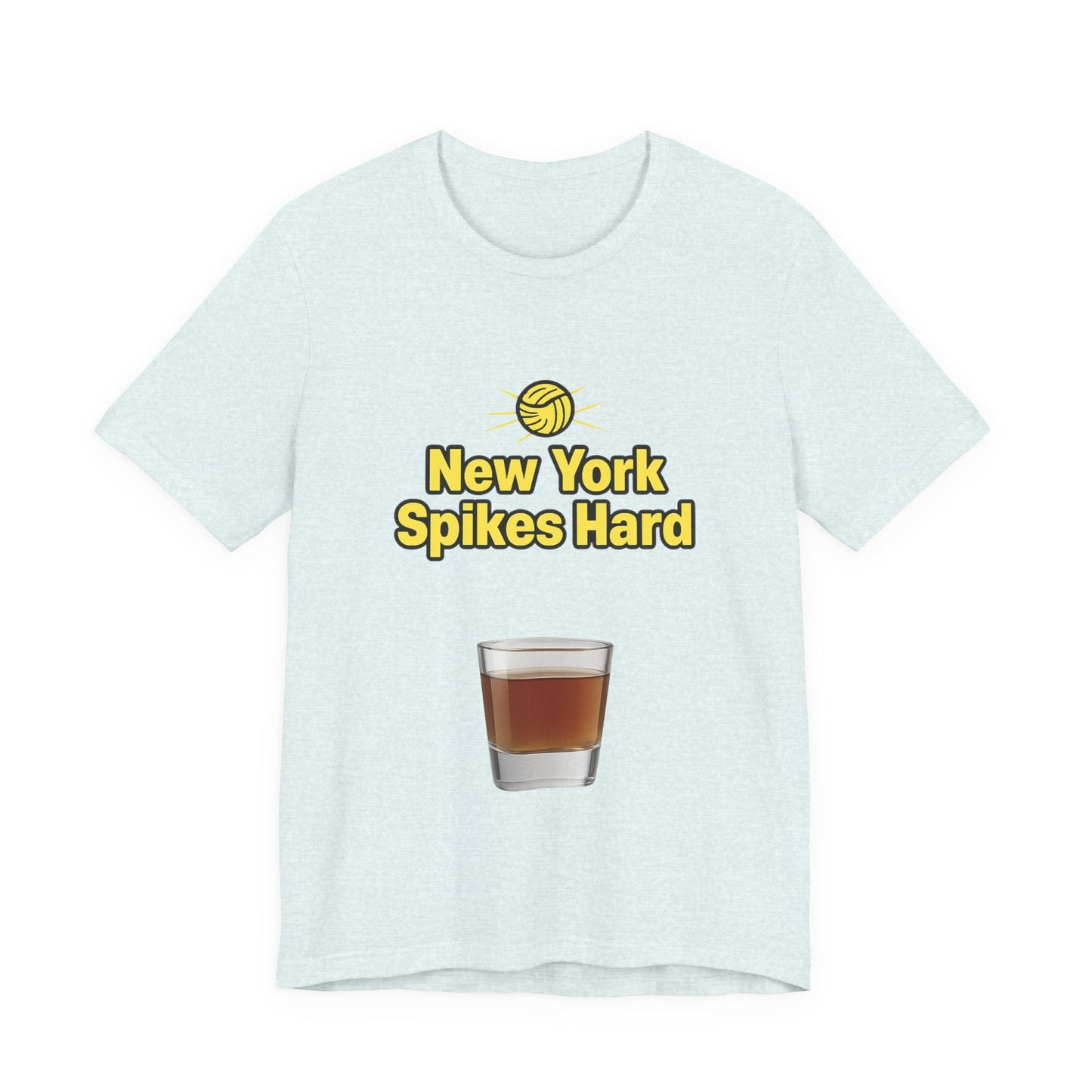 Front view of black t-shirt featuring bold NYC volleyball design.