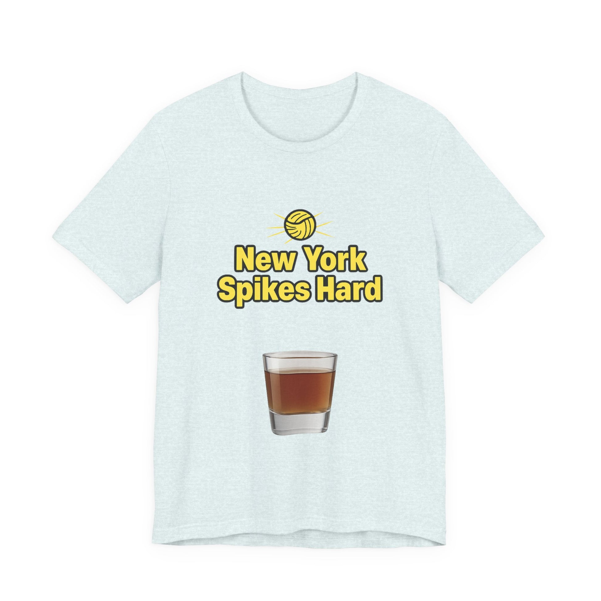 Front view of black t-shirt featuring bold NYC volleyball design.