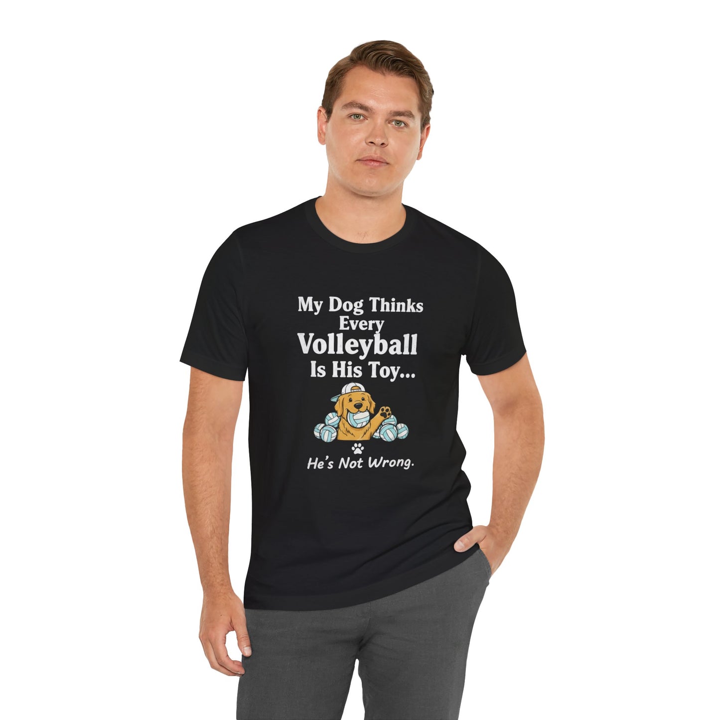 Dog chewing volleyball design with humorous text.
