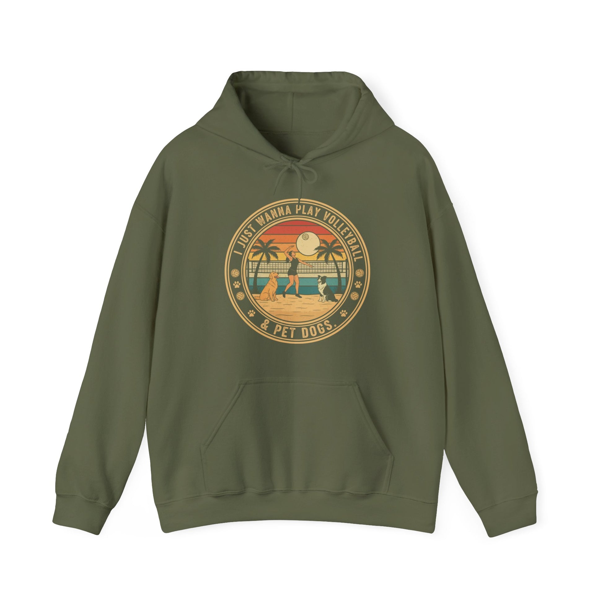 Front print featuring fun volleyball and dog slogan on hoodie.