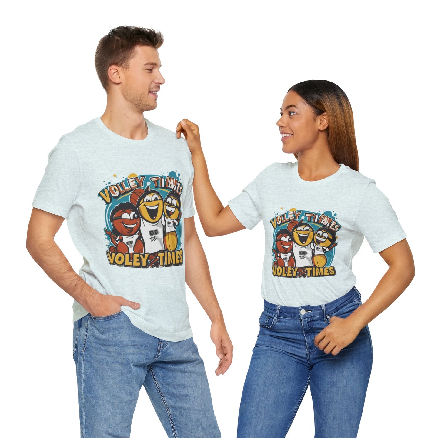 Funny volleyball team shirt with smiling cartoon players