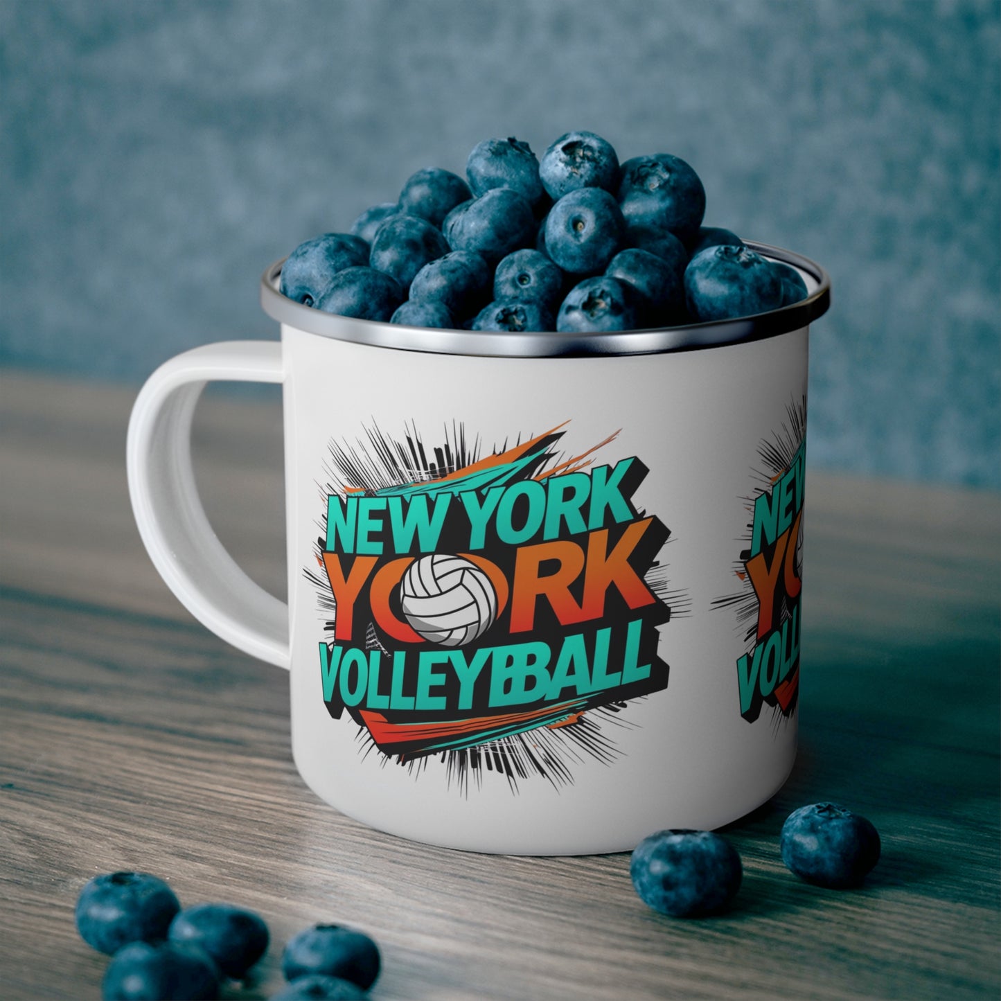 Volleyball enamel cup with modern design and sporty flair.
