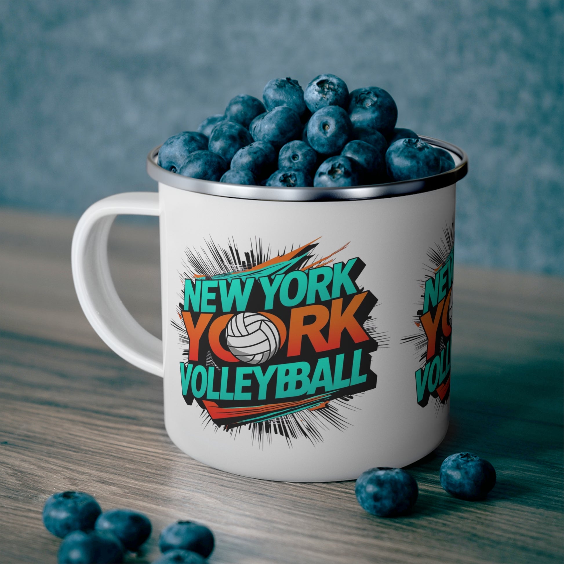 Volleyball enamel cup with modern design and sporty flair.