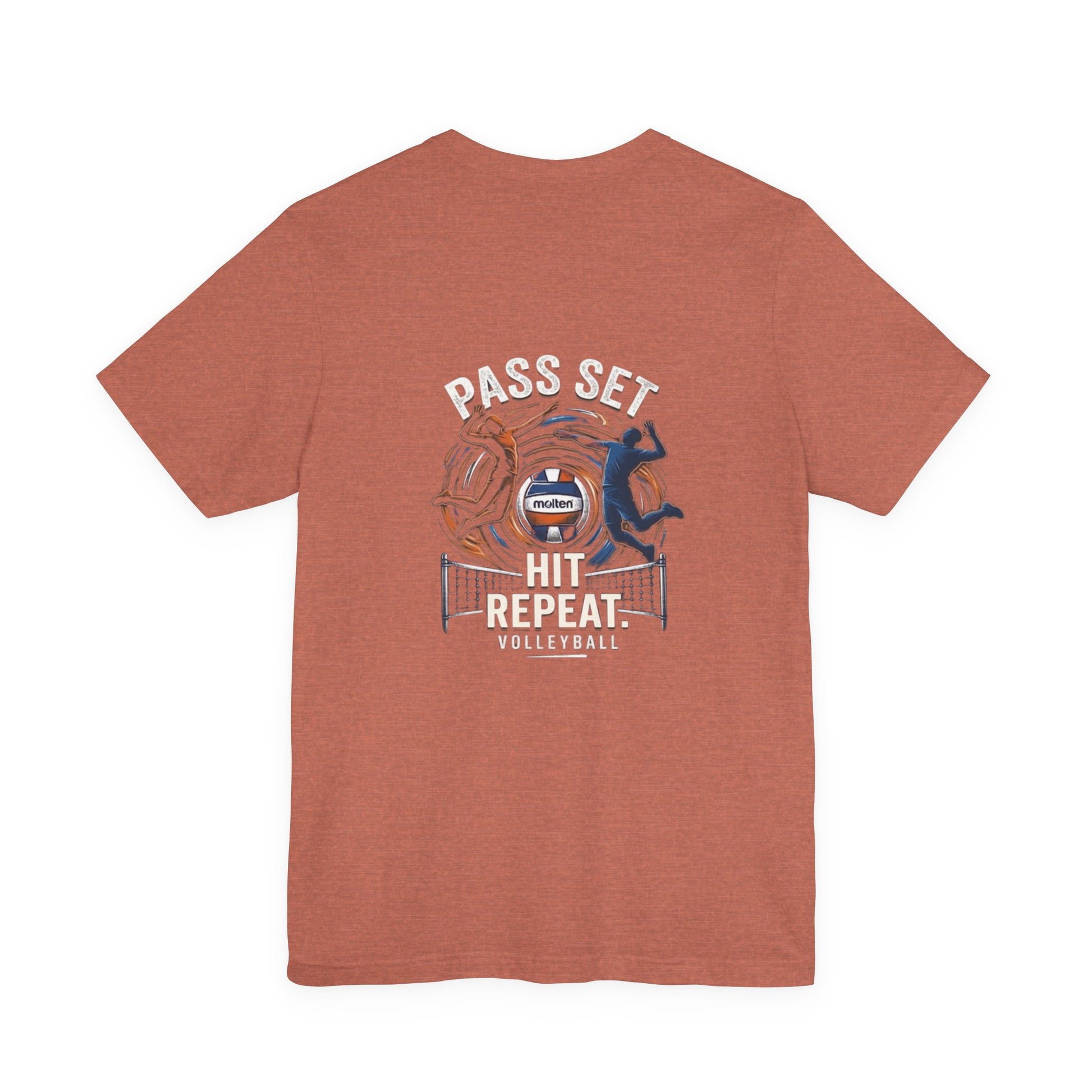 Minimalist volleyball text with pass set hit repeat layout