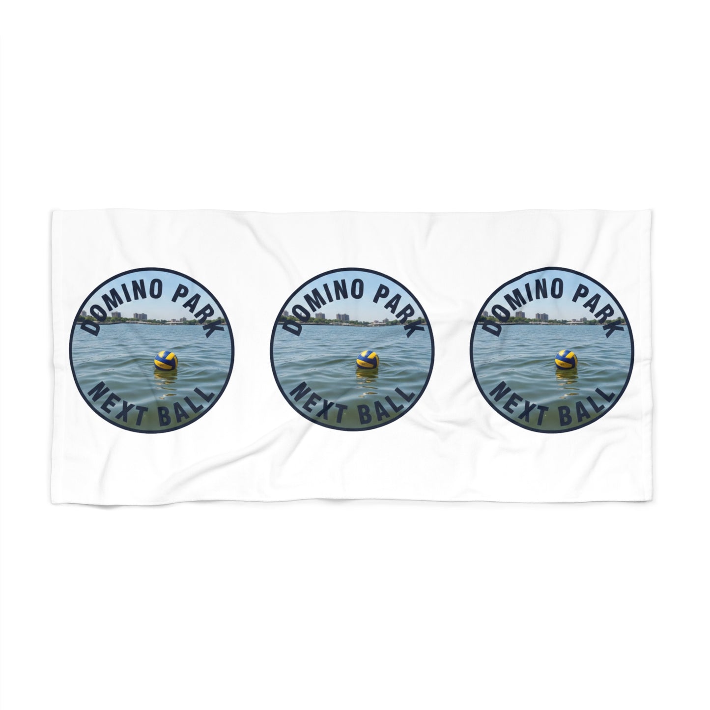 Domino Park next ball volleyball beach towel with ball in river graphic