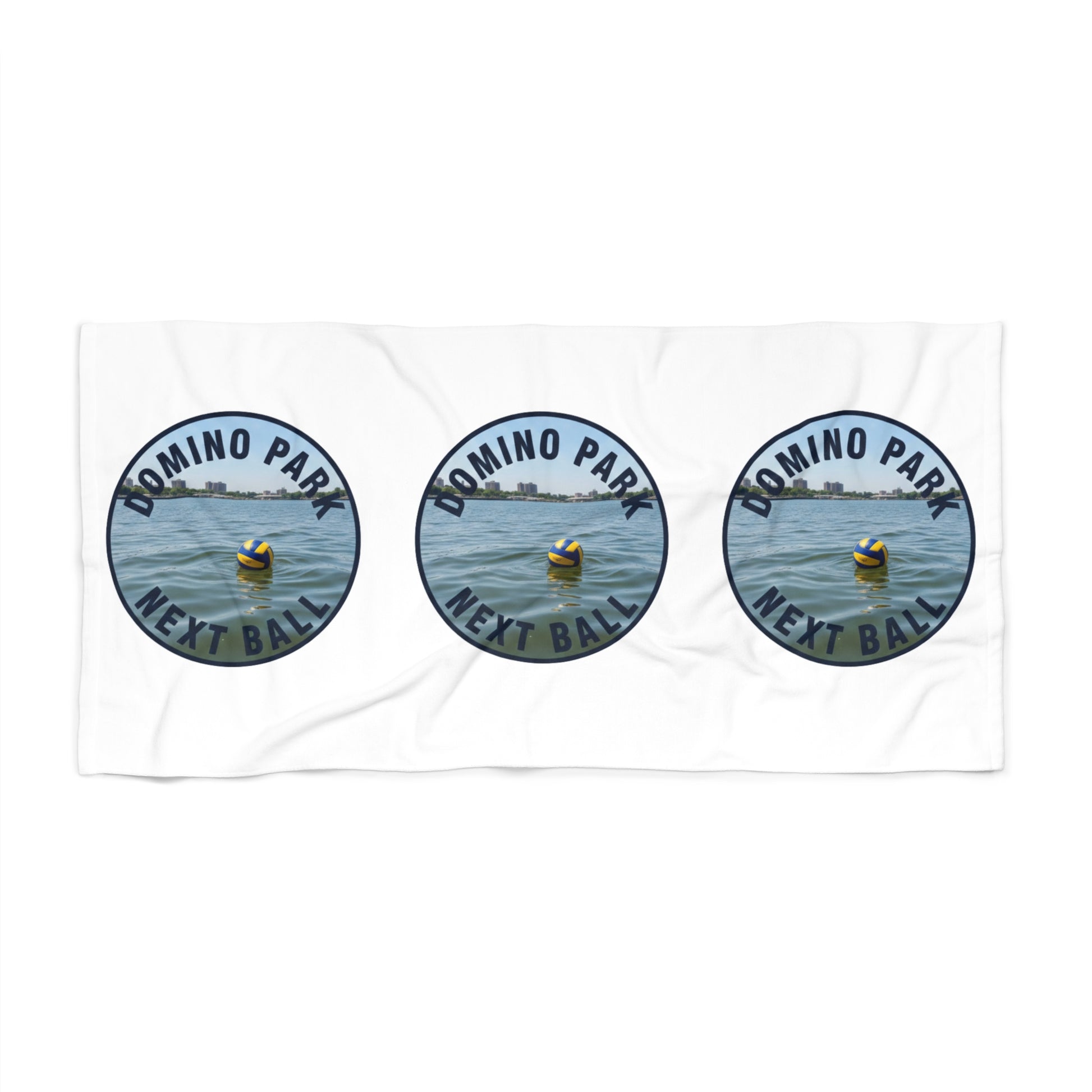 Domino Park next ball volleyball beach towel with ball in river graphic