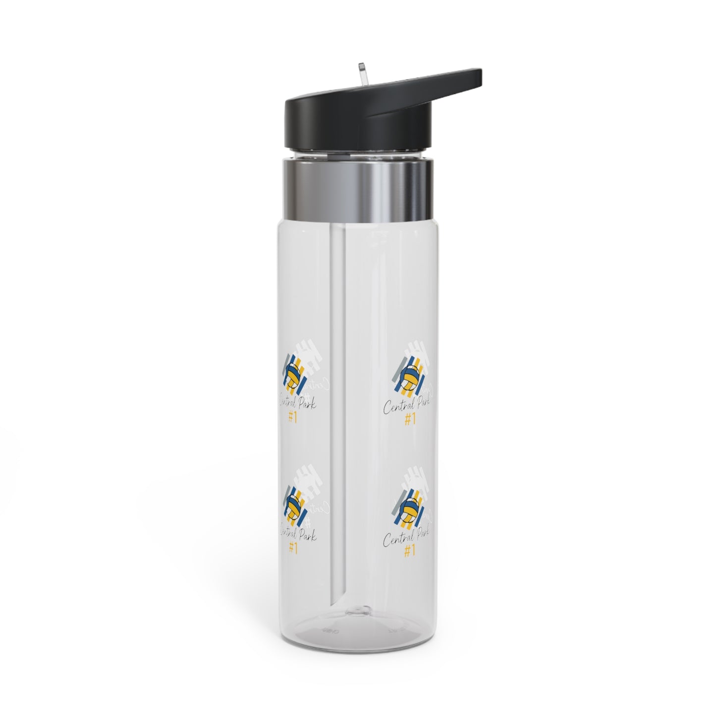 Clear reusable water bottle with volleyball-inspired design