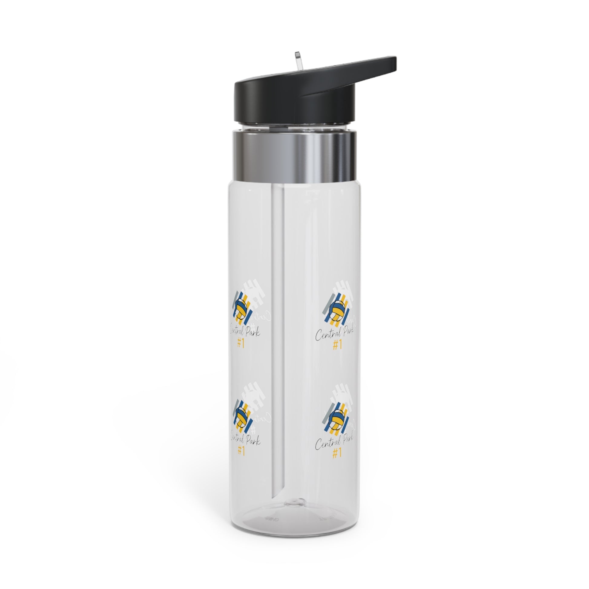 Clear reusable water bottle with volleyball-inspired design