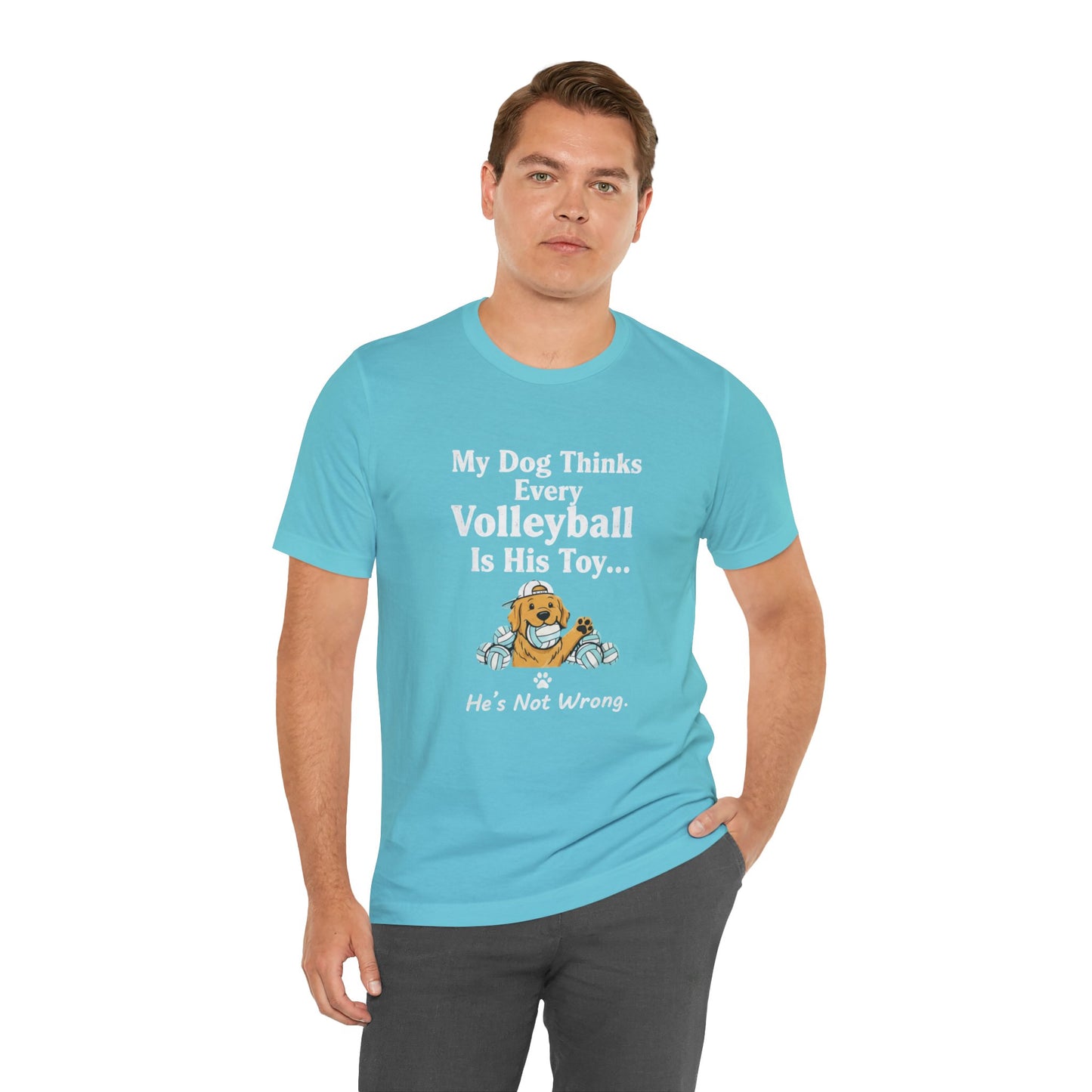 Bold volleyball dog graphic with tagline on shirt front.