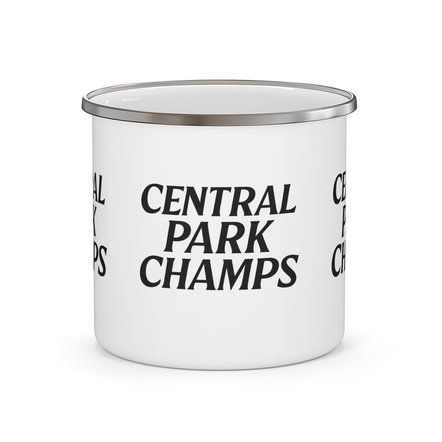 Enamel mug with Central Park Champs graphic displayed on white surface.