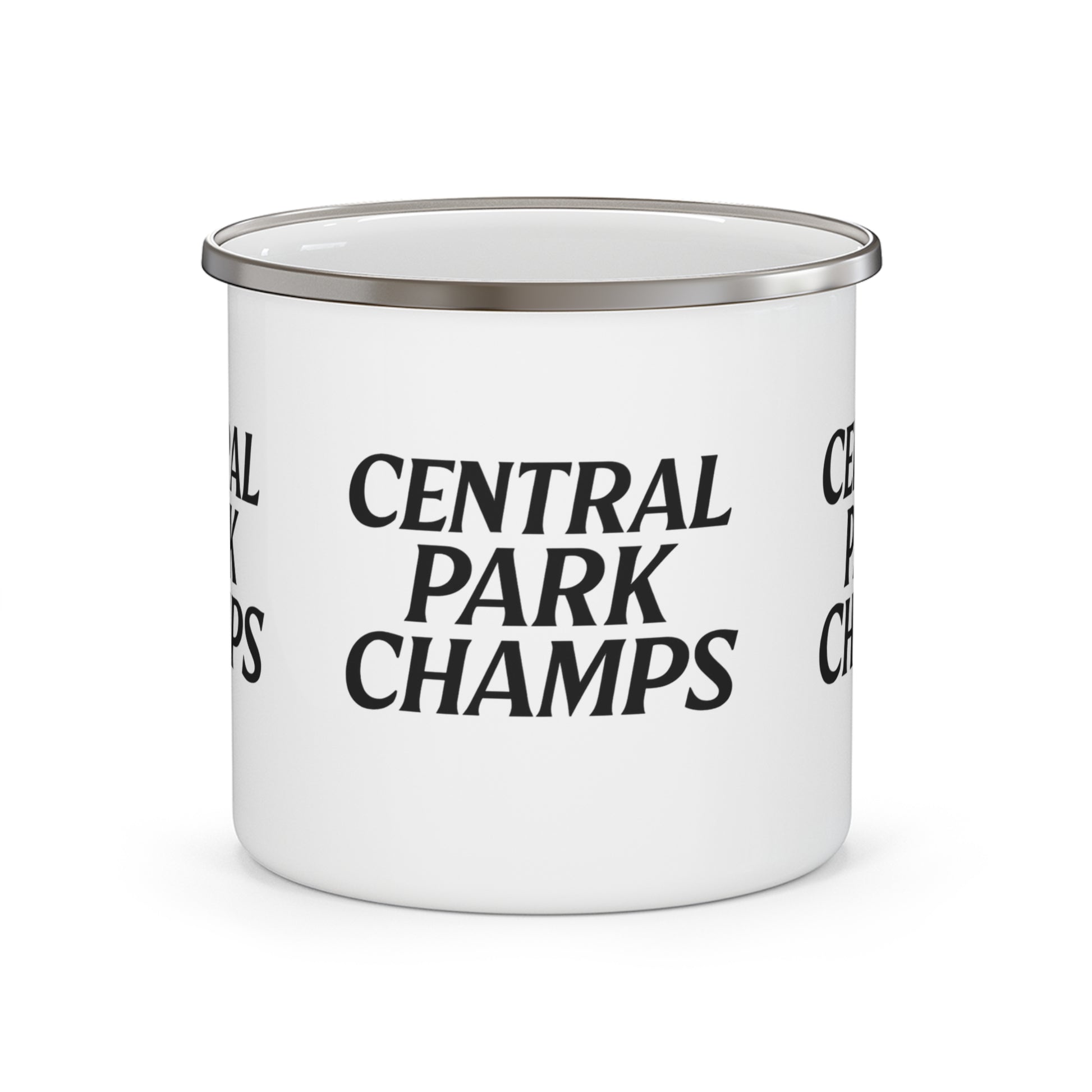 Enamel mug with Central Park Champs graphic displayed on white surface.