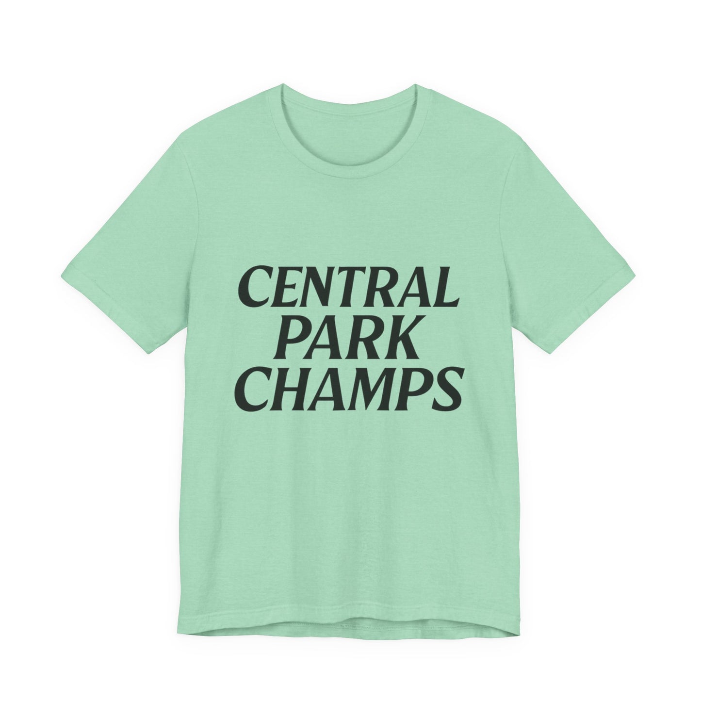 Model wearing Central Park Champs shirt outdoors.