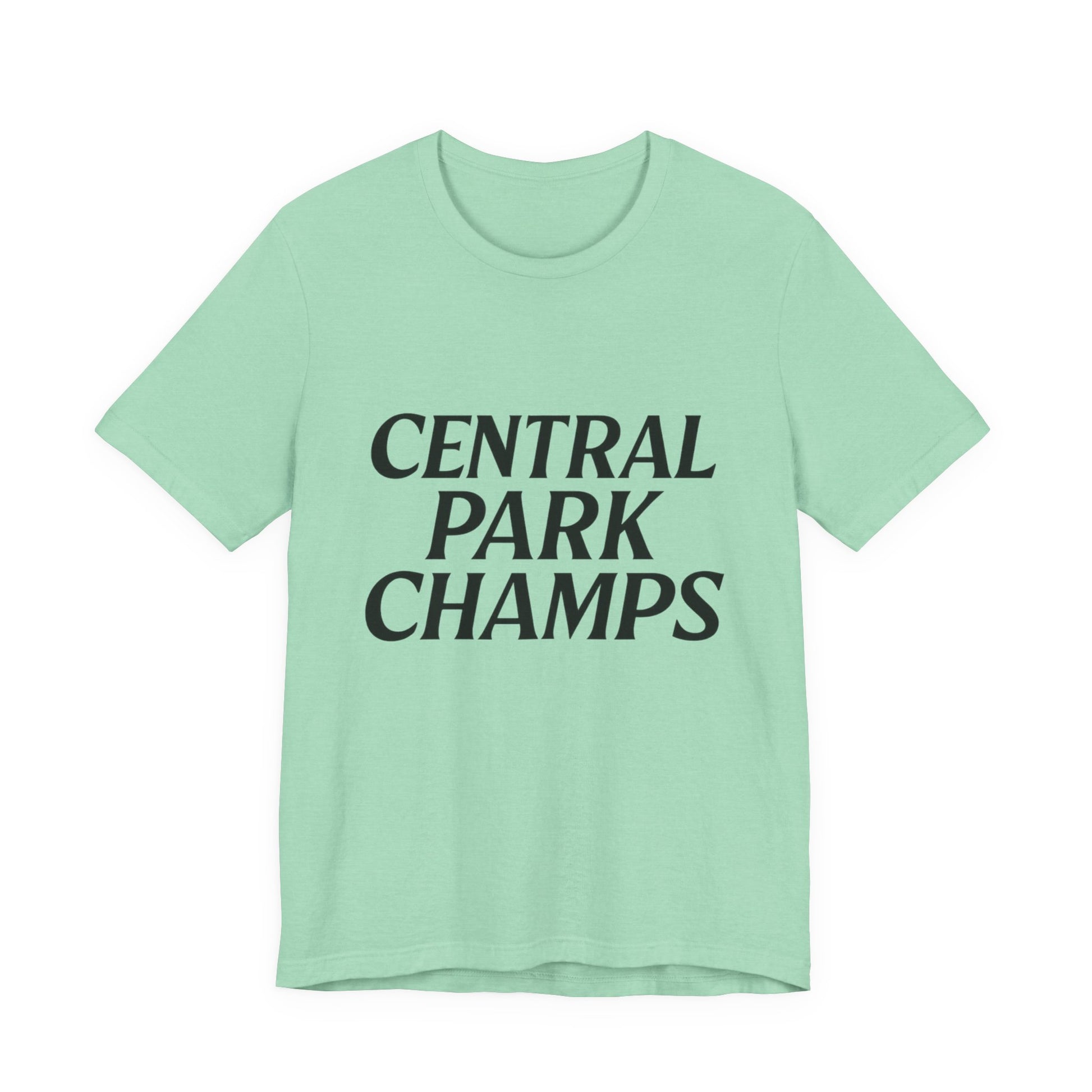 Model wearing Central Park Champs shirt outdoors.