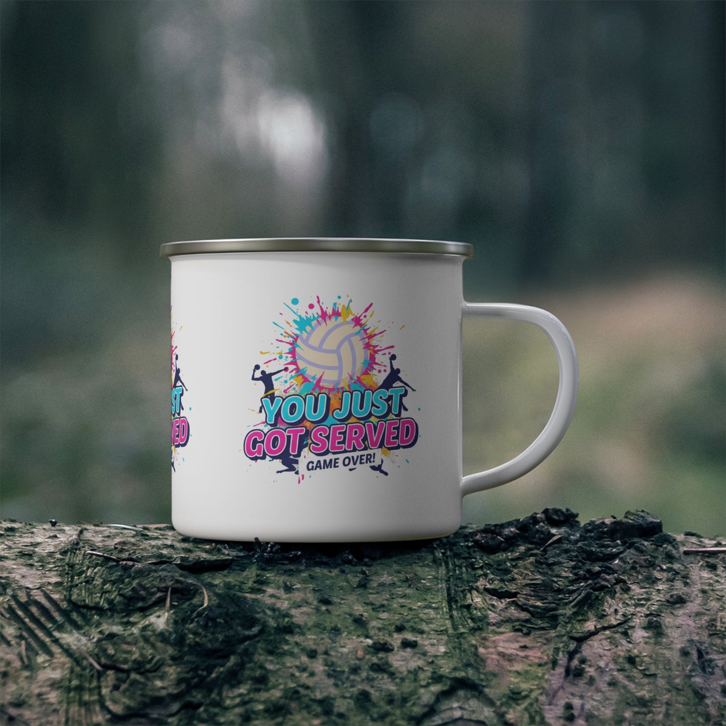 Volleyball-themed enamel mug with colorful splash design