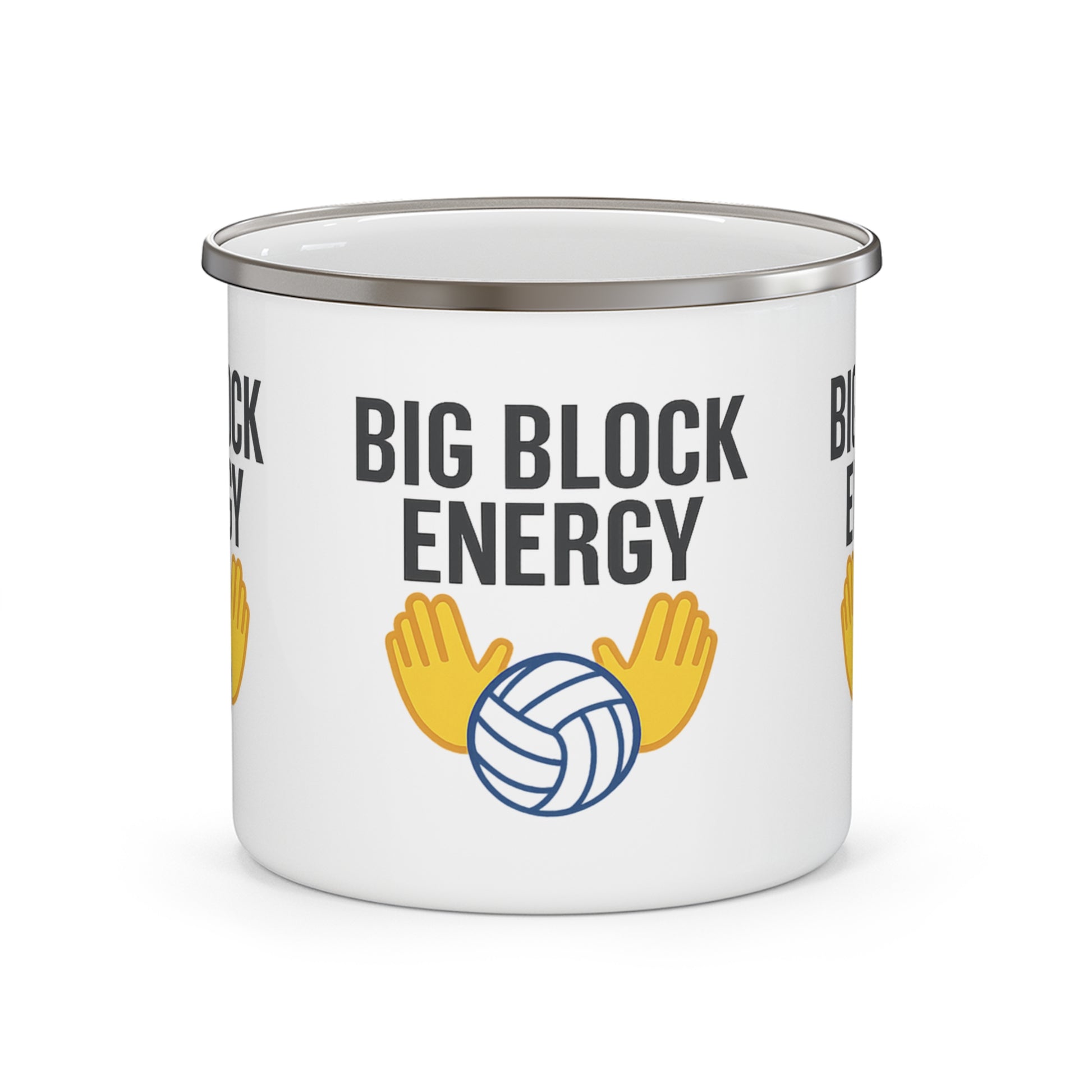 Big Block Energy enamel mug with blocking hands volleyball graphic