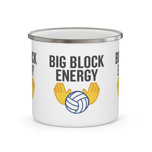 Big Block Energy enamel mug with blocking hands volleyball graphic