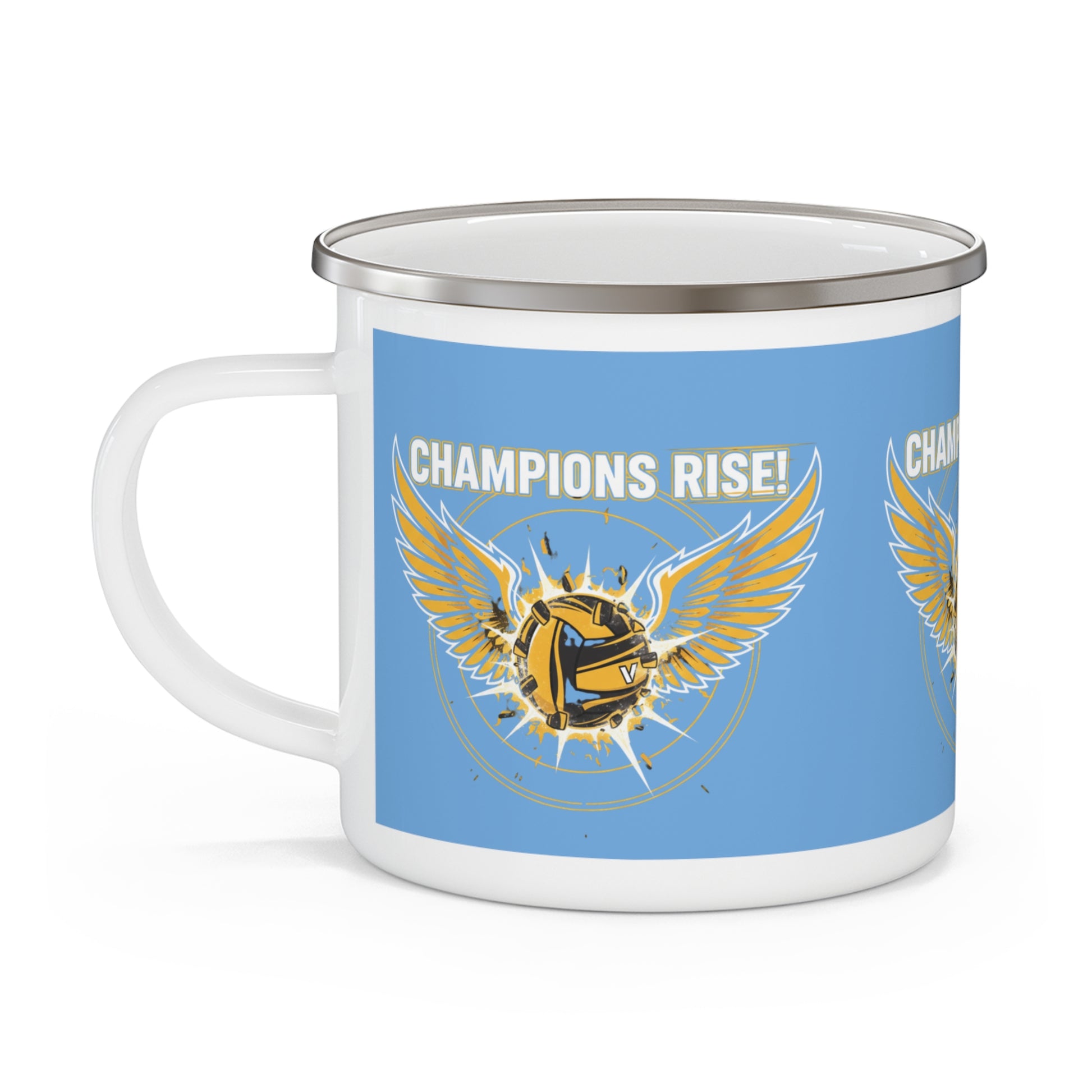 Close-up of volleyball wings graphic on enamel mug