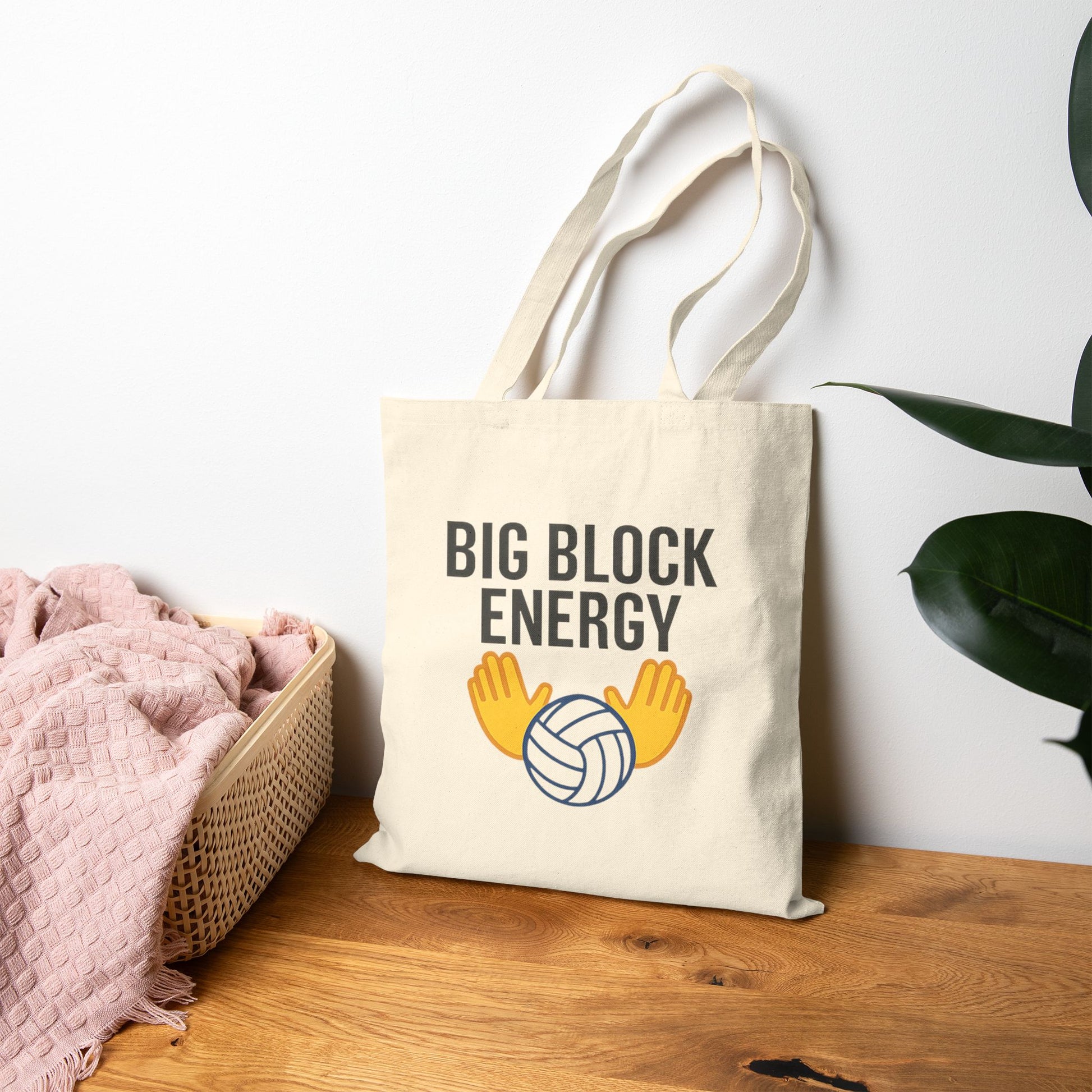 big block energy volleyball tote bag with bold text