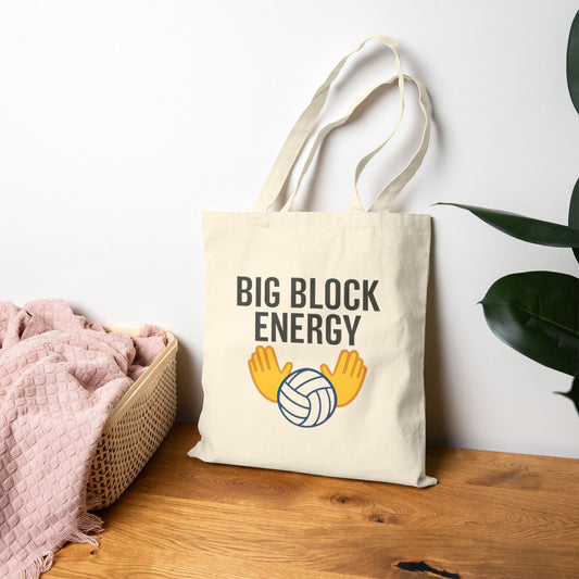 big block energy volleyball tote bag with bold text