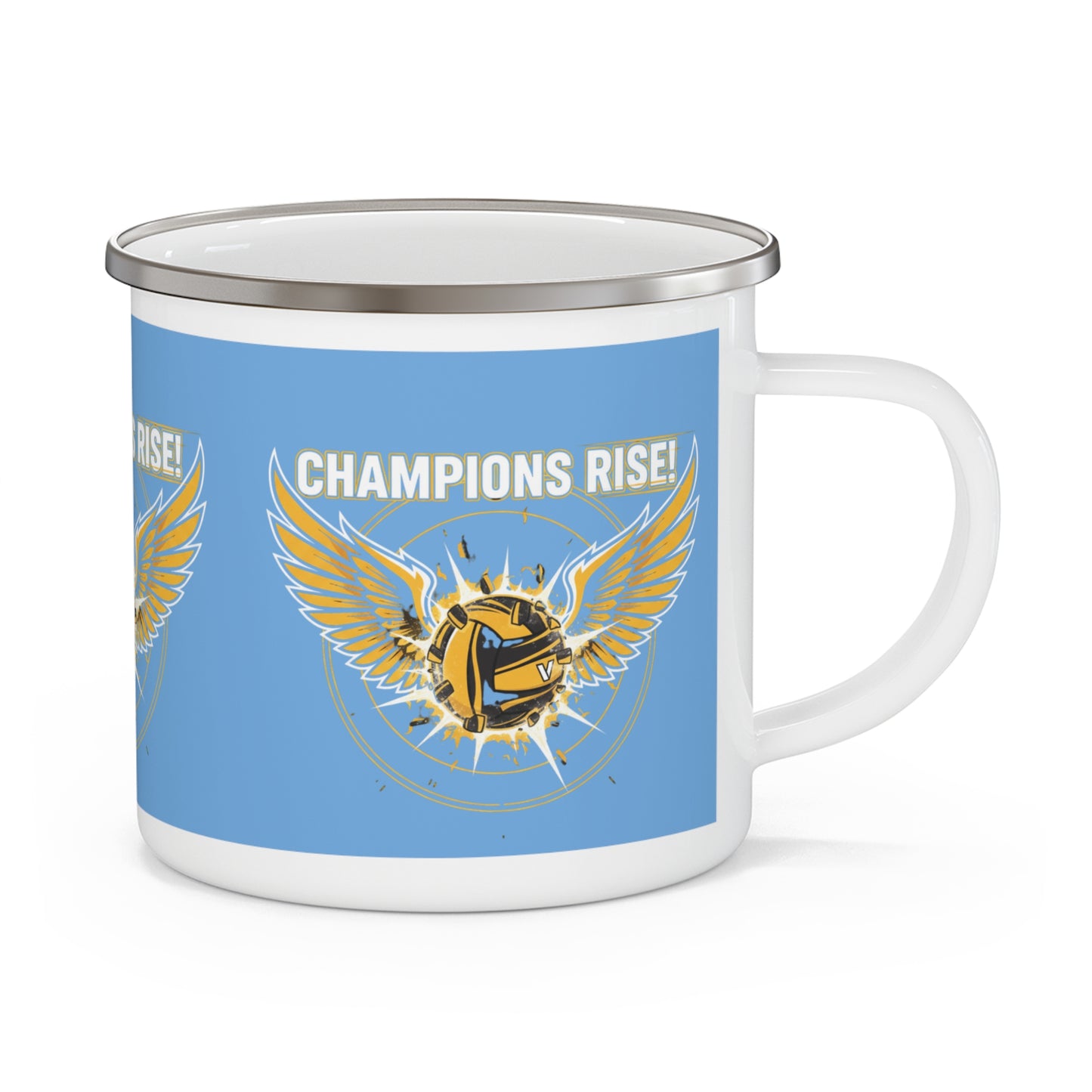 Motivational volleyball mug with Champions Rise text