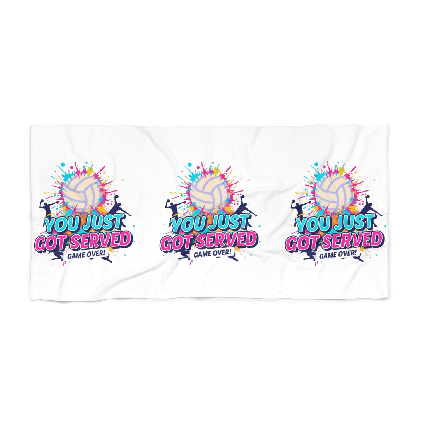 Beach volleyball towel featuring serve graphic and bright paint splatter