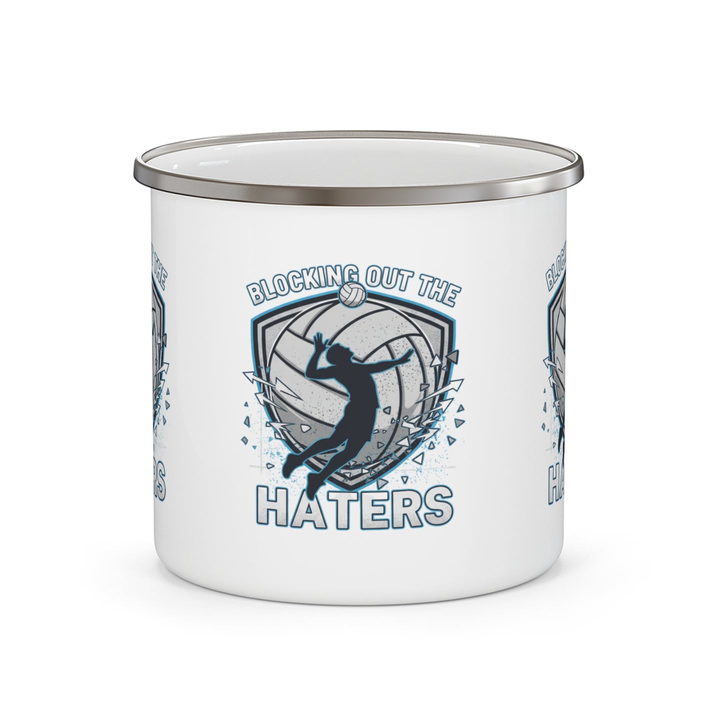 Blocking Out the Haters volleyball enamel mug