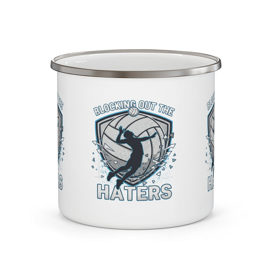 Blocking Out the Haters volleyball enamel mug