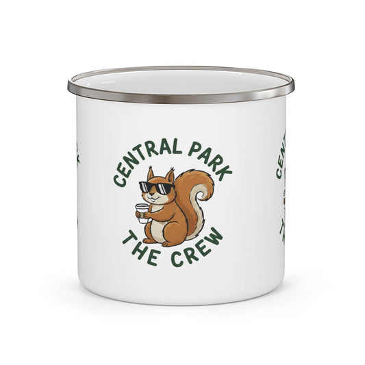 Enamel mug with Central Park squirrel wearing sunglasses and drinking coffee.
