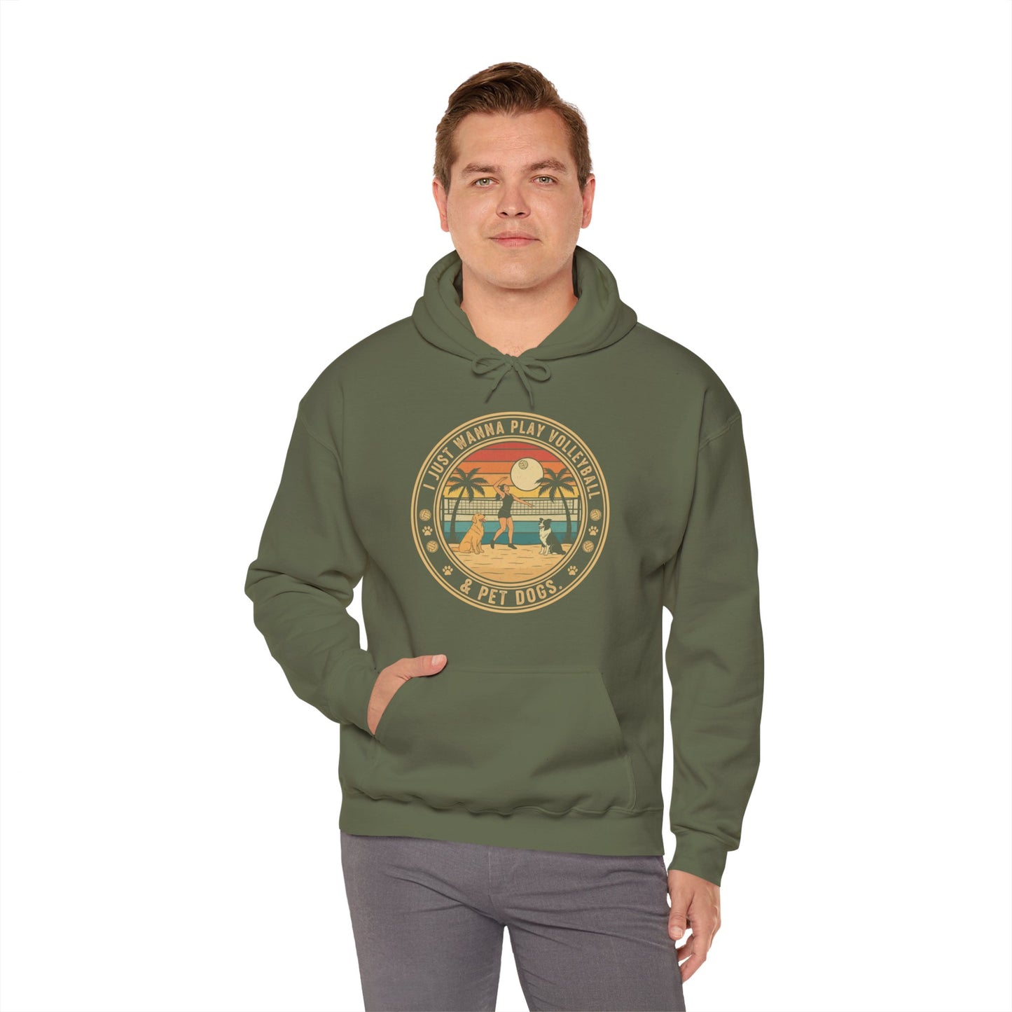 Clean view of bold volleyball and dog-themed text design on hoodie
