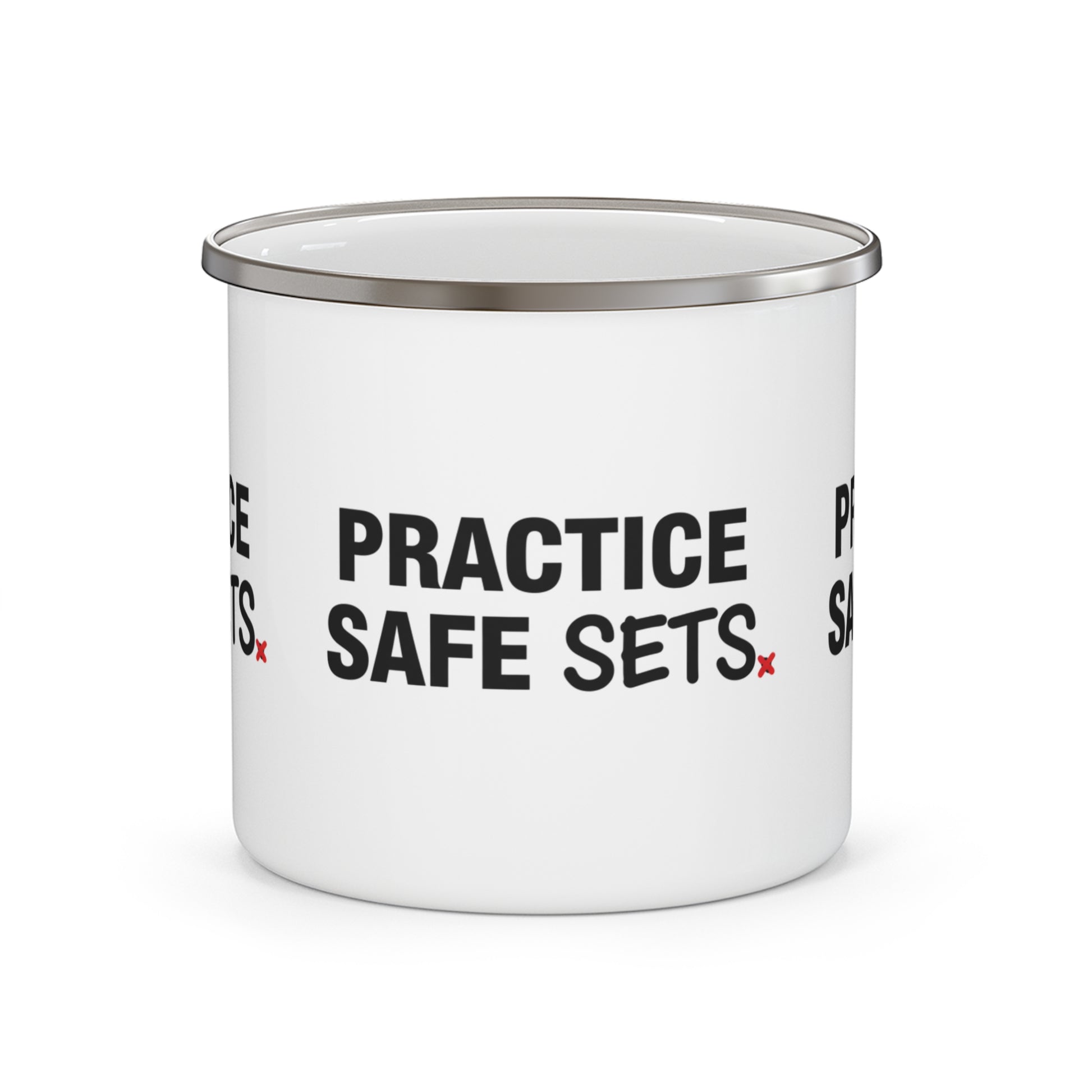 Practice Safe Sets volleyball slogan printed on enamel mug