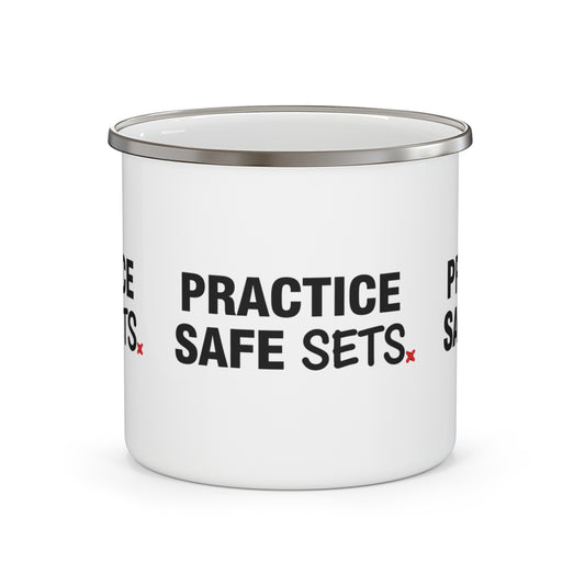 Practice Safe Sets volleyball slogan printed on enamel mug