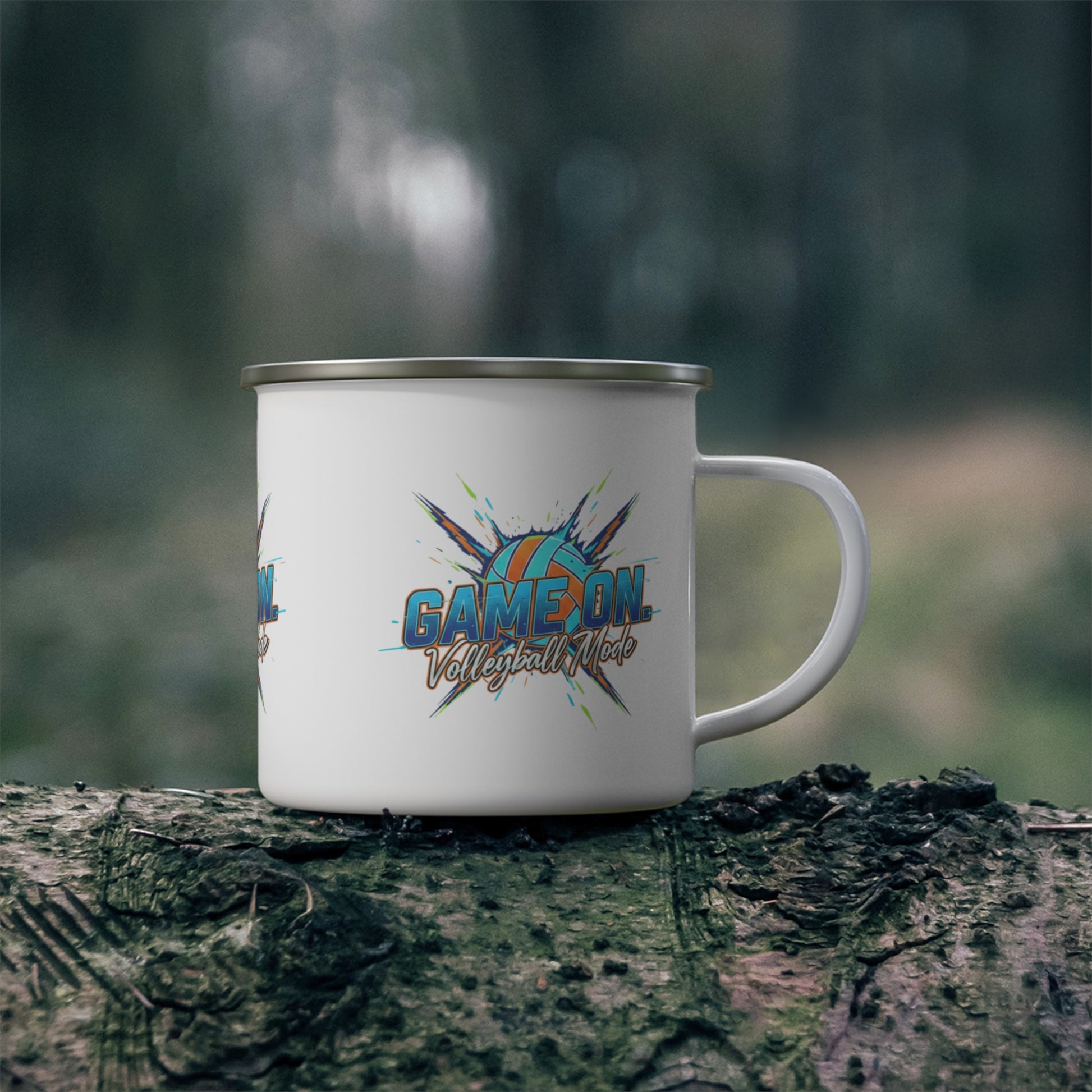 White camping mug with sporty Game On design.