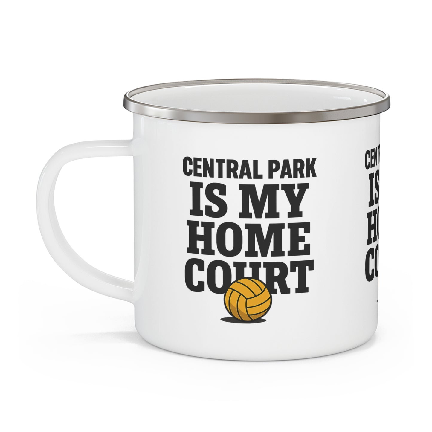 Central Park themed enamel mug on white background