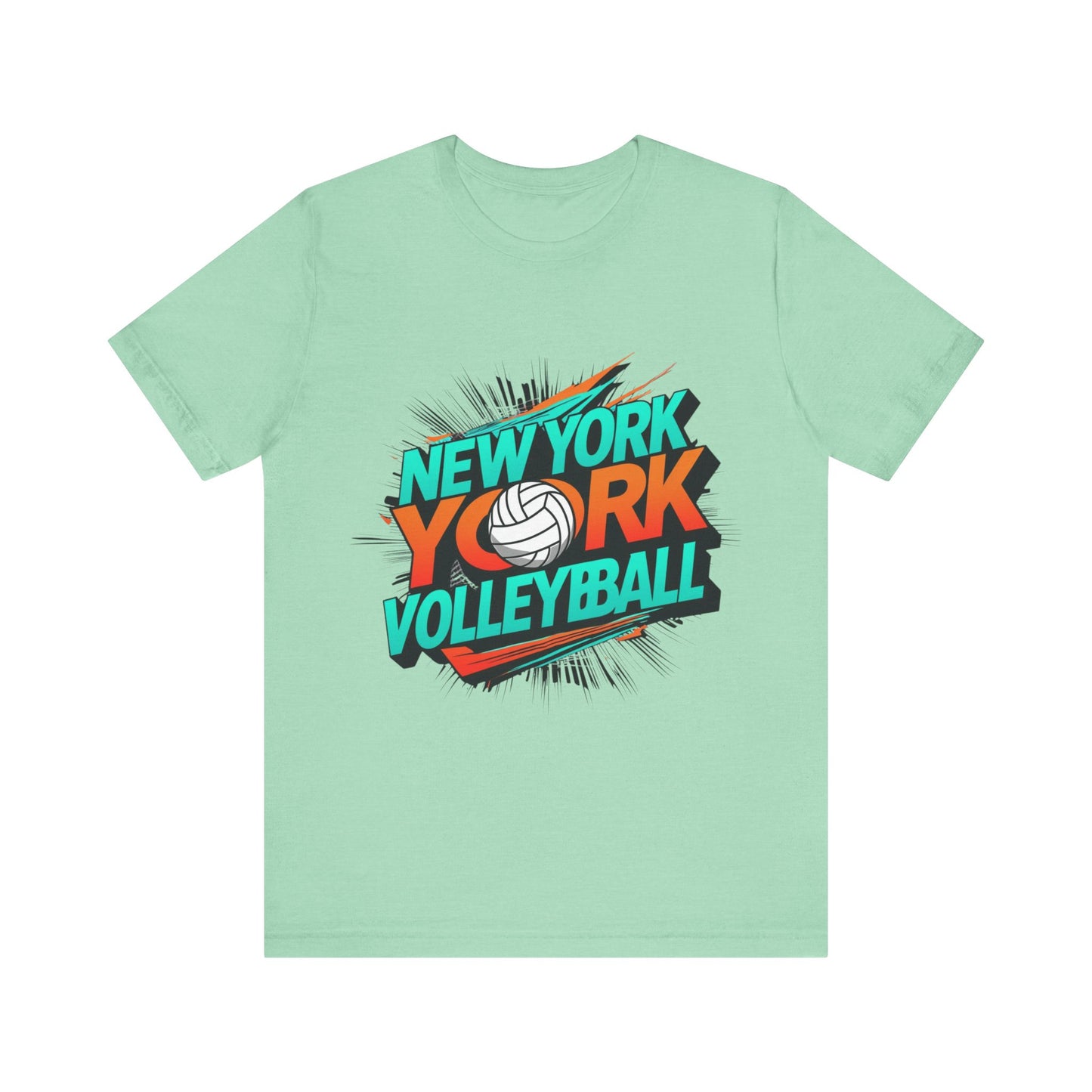 Black New York Volleyball tee with orange and teal design