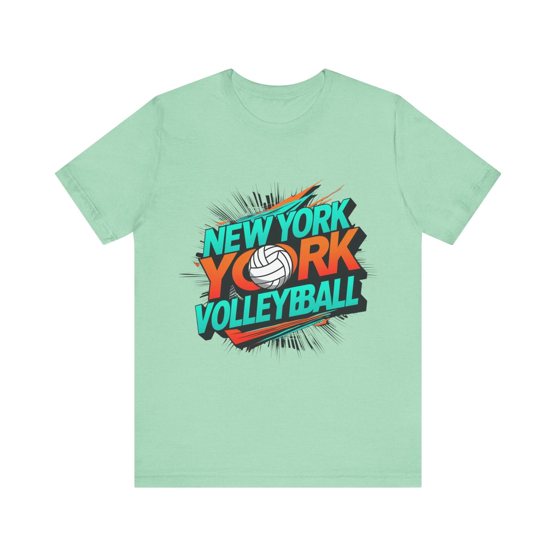 Black New York Volleyball tee with orange and teal design