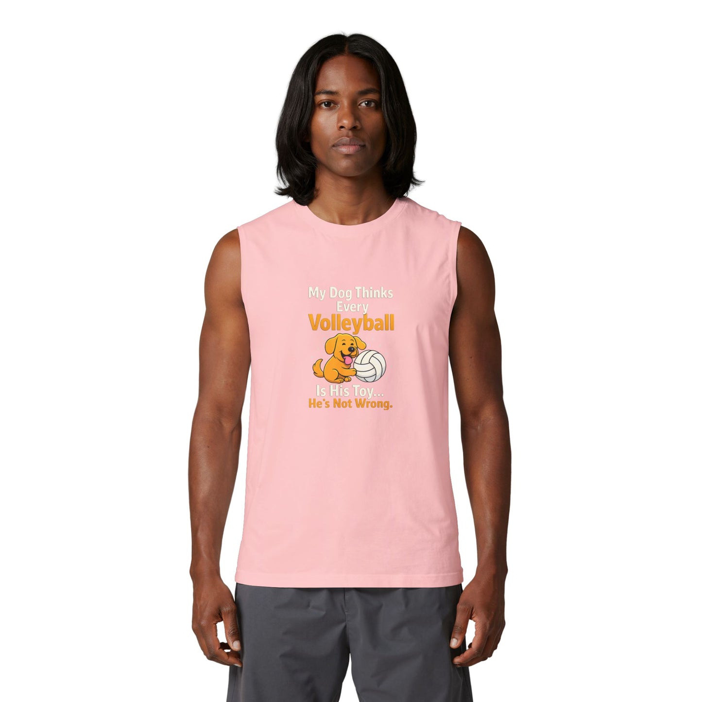Playful dog stealing volleyball tank top text