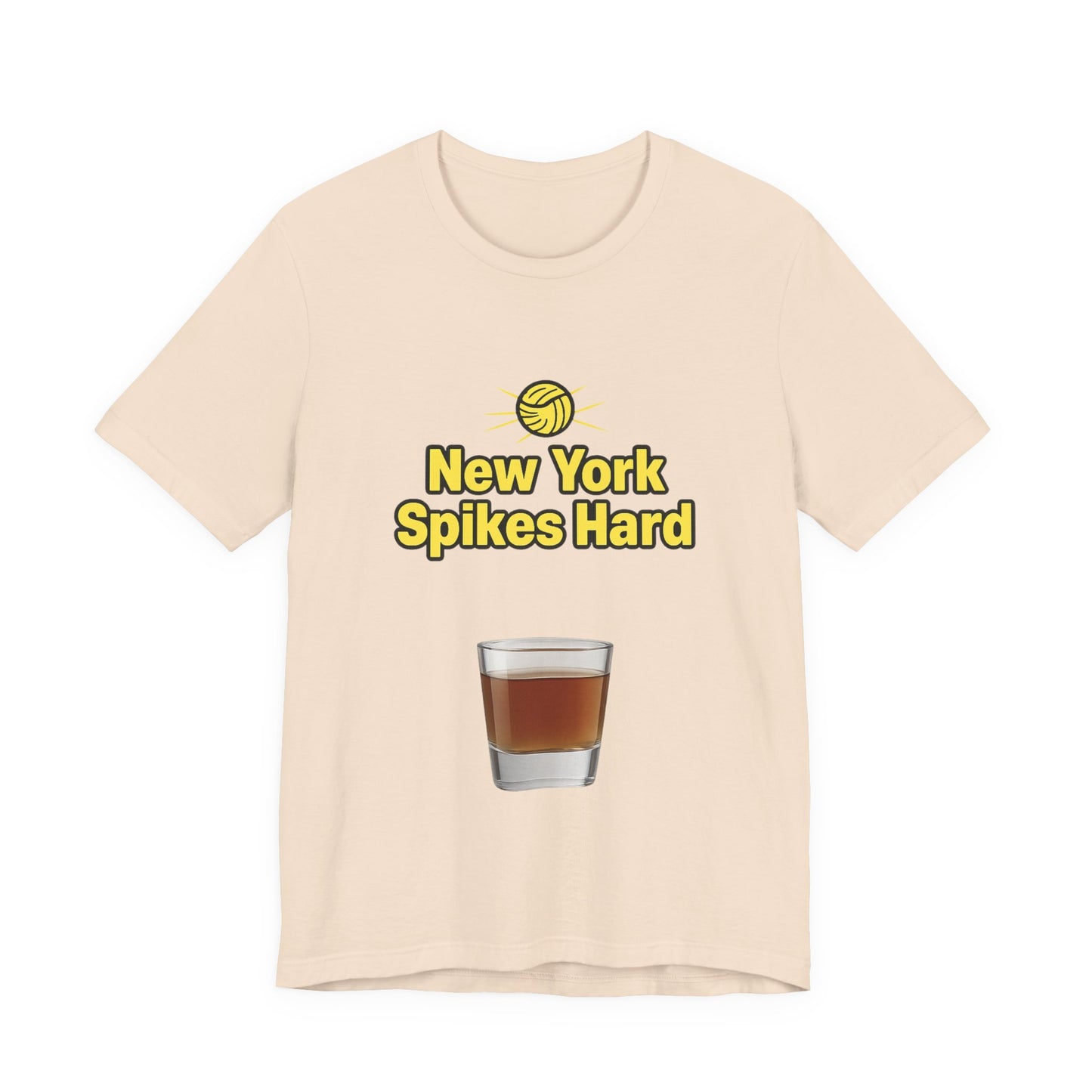 Close-up of New York Spikes Hard print on cotton tee.