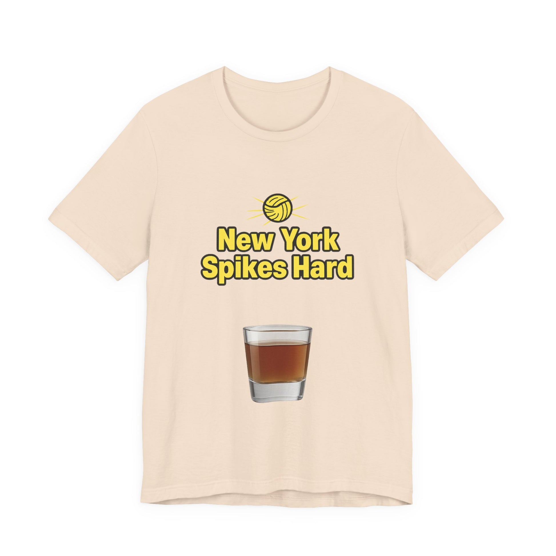 Close-up of New York Spikes Hard print on cotton tee.