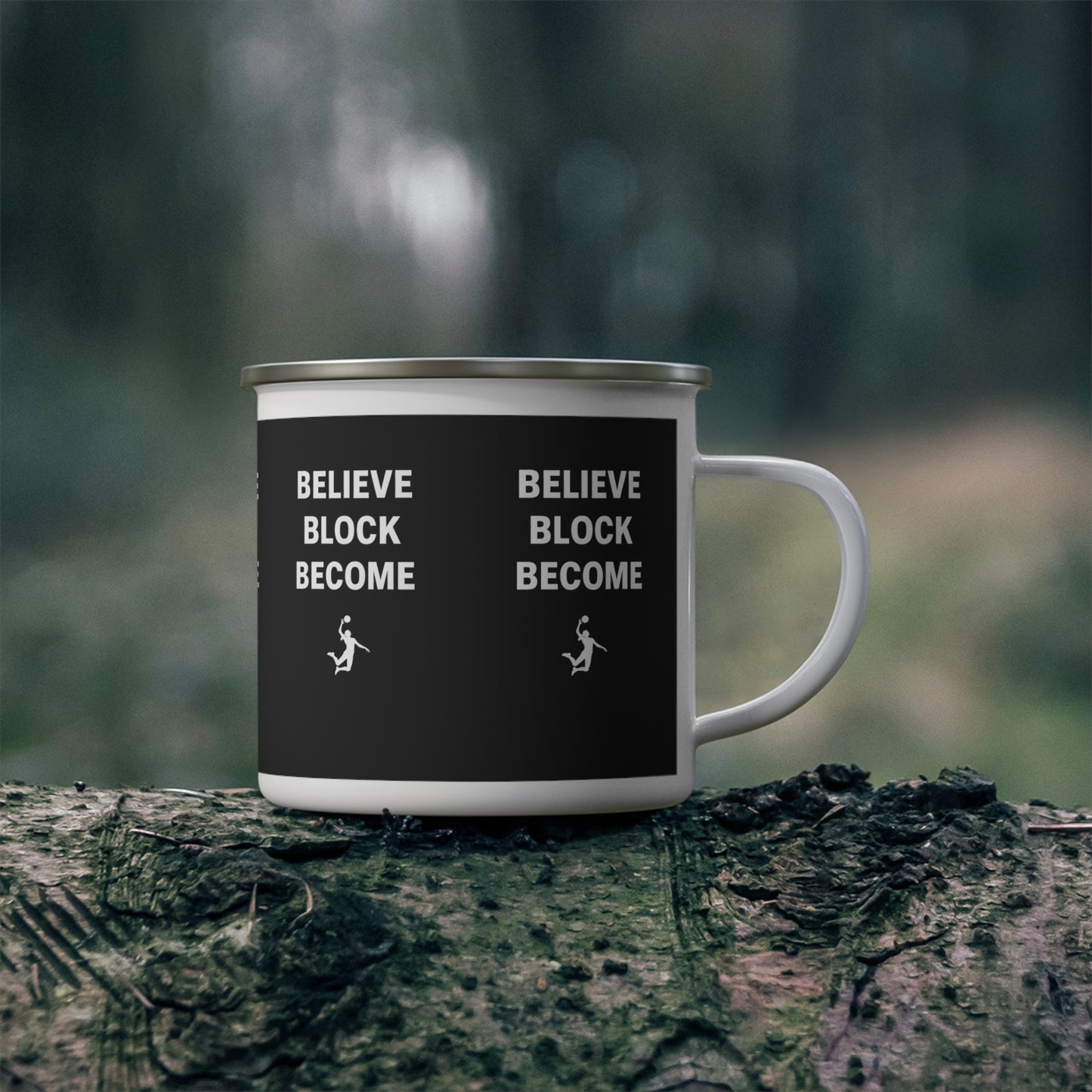 Three-line motivational volleyball quote on enamel mug design