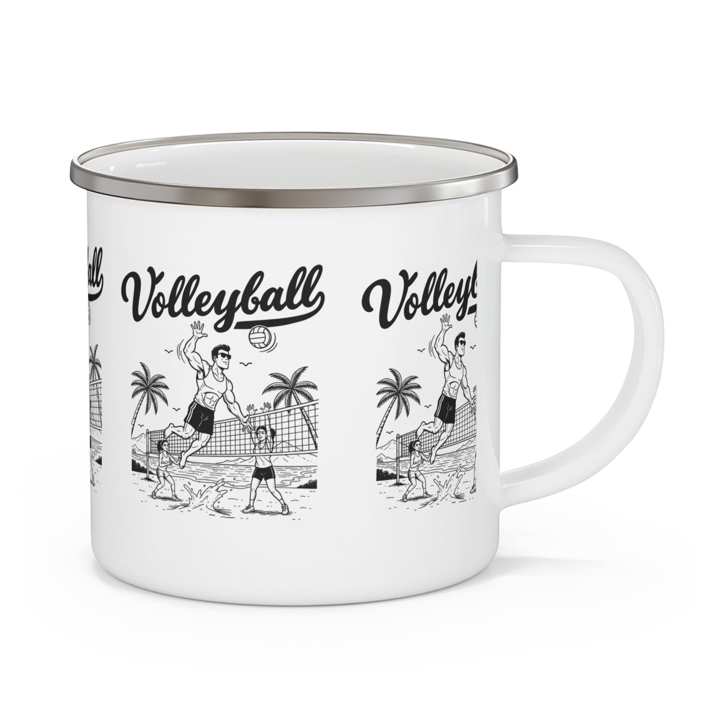 White enamel mug with “Born to Spike” volleyball design