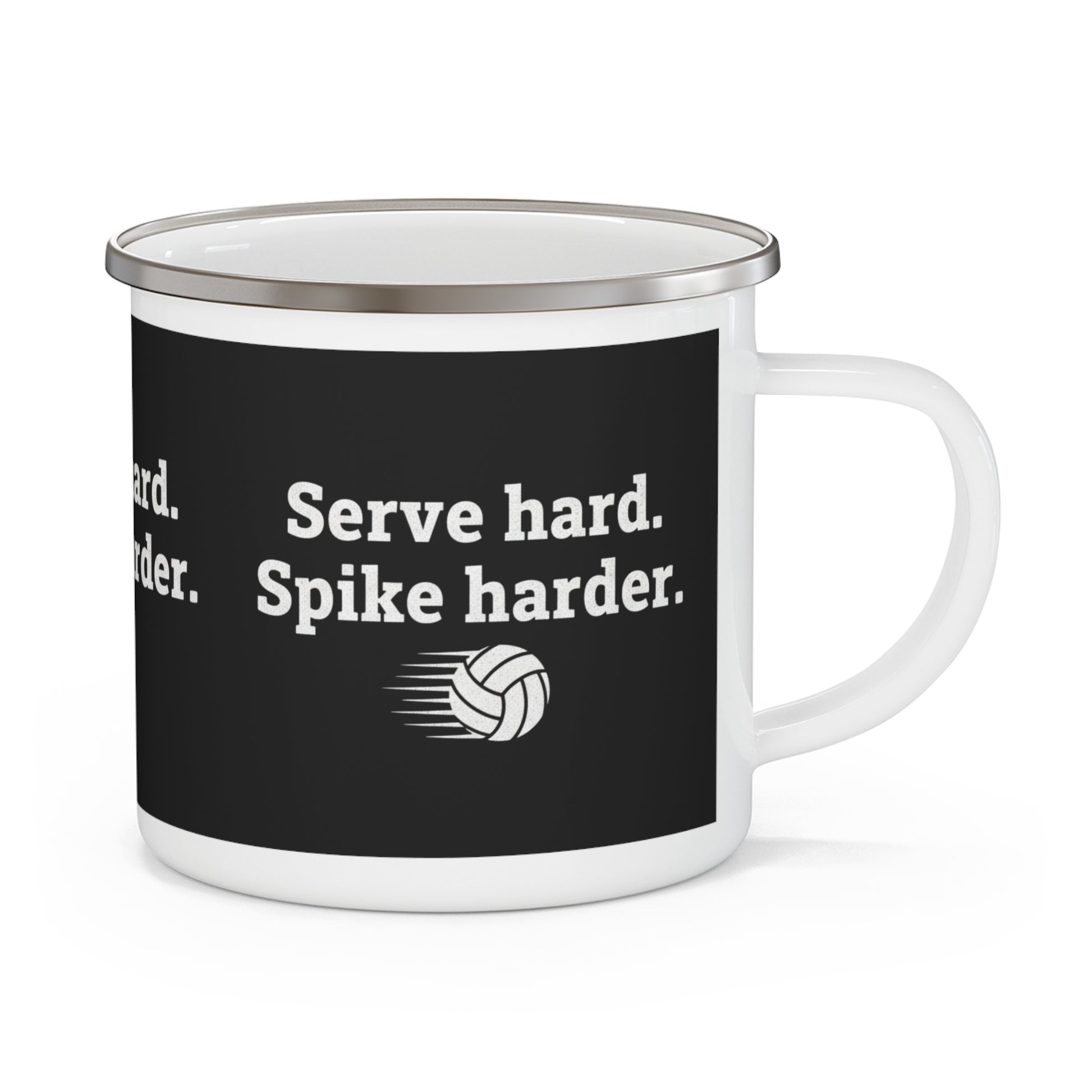 White enamel mug volleyball design