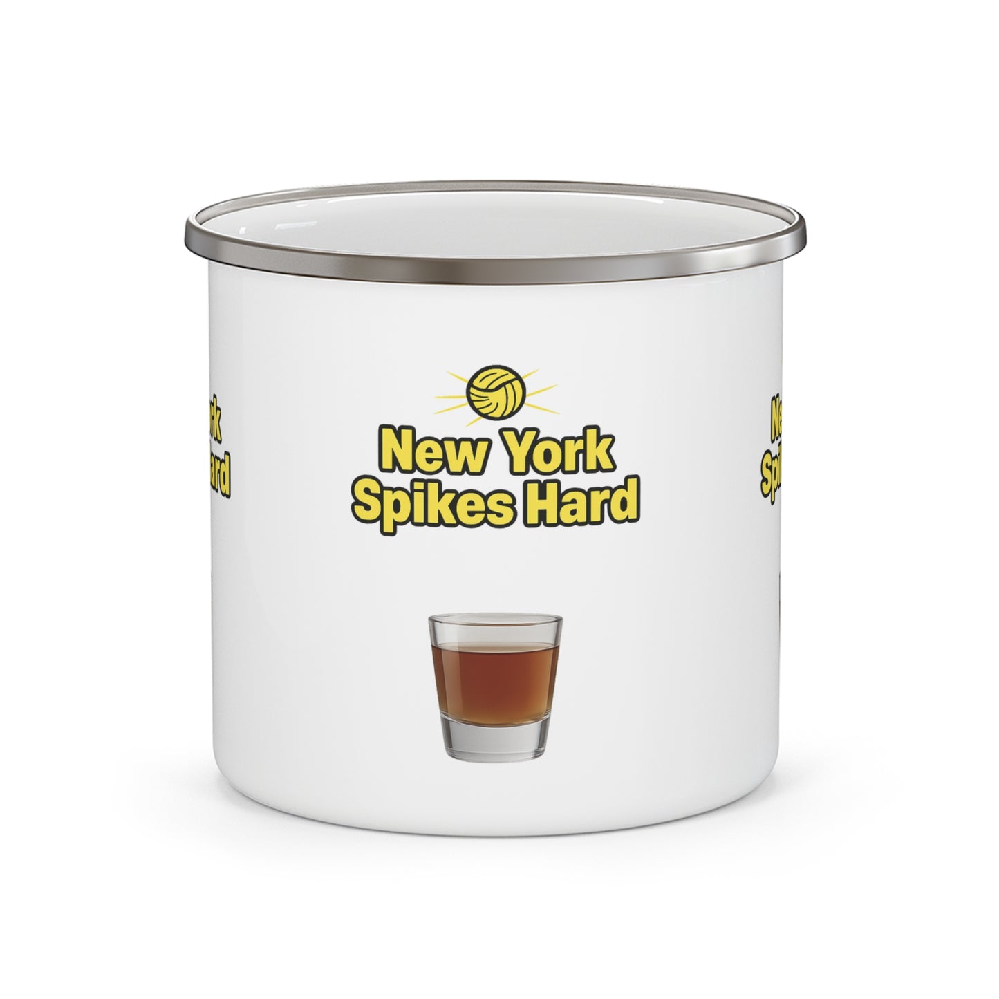 New York Spikes Hard enamel mug with bold volleyball graphic.