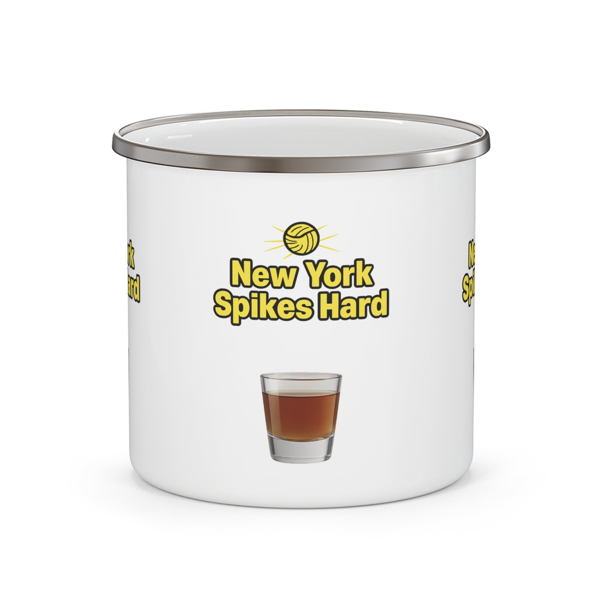 New York Spikes Hard enamel mug with bold volleyball graphic.