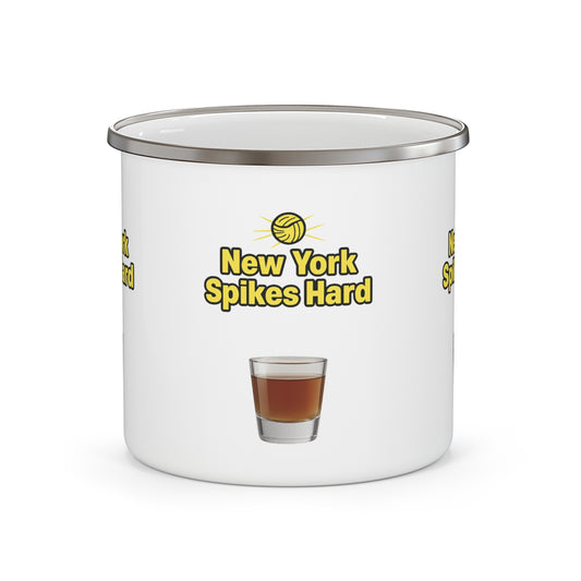 New York Spikes Hard enamel mug with bold volleyball graphic.