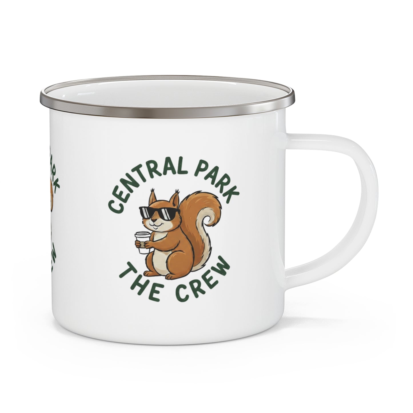 Close-up of squirrel graphic printed on enamel mug.