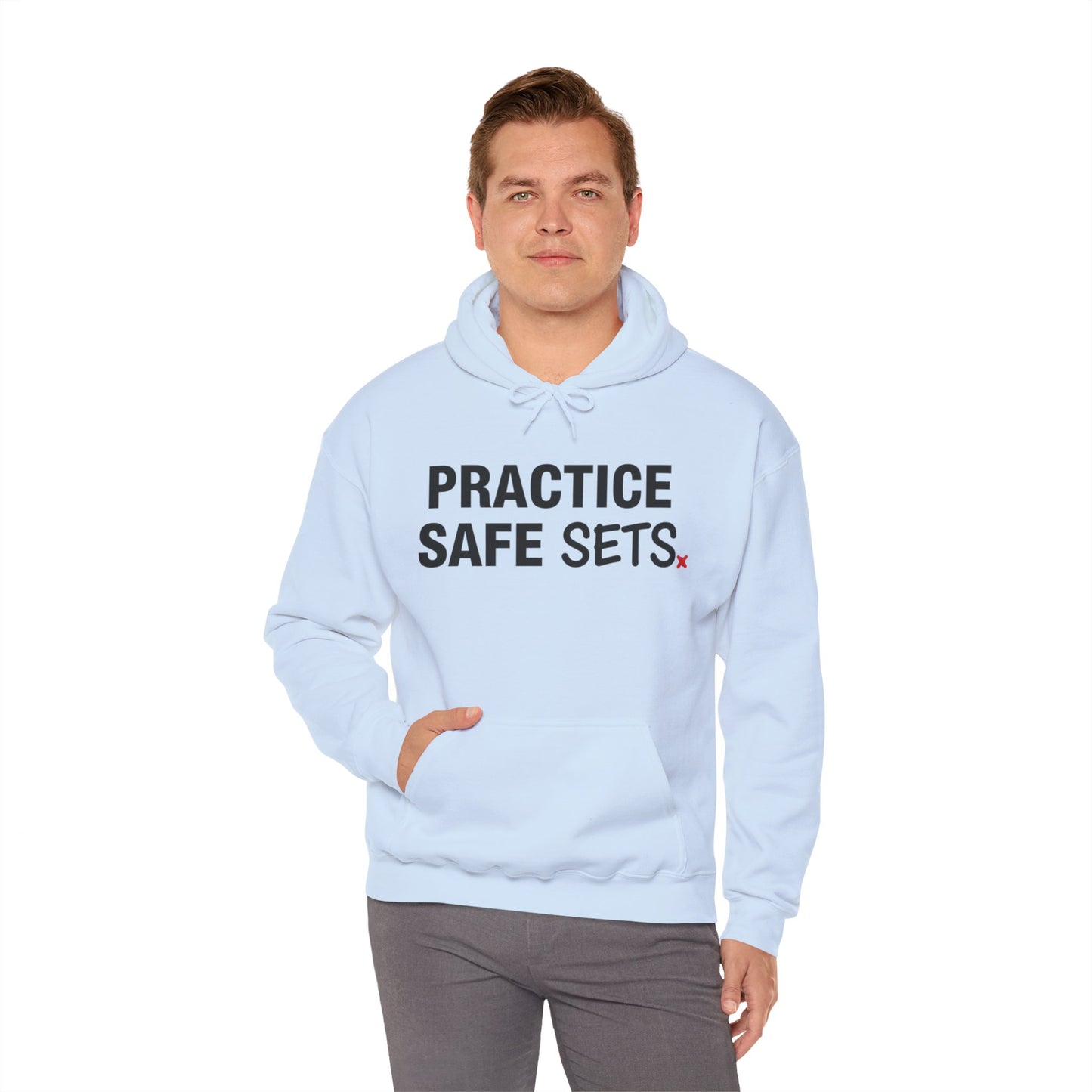 Practice Safe Sets volleyball joke graphic in bold lettering